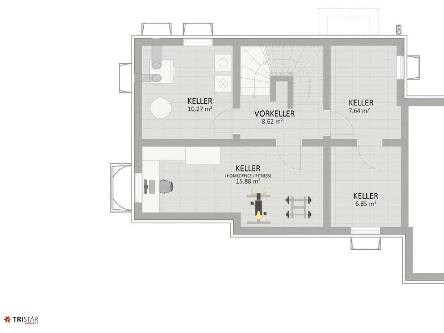Grundriss des Kellers mit mehreren Kellerräumen, darunter ein Bereich für Homeoffice oder Fitness.