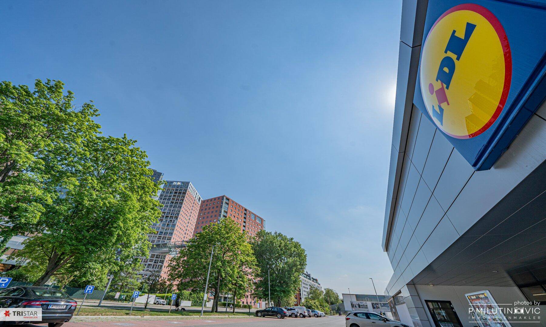 Lidl Supermarktgebäude mit Parkplatz und umliegenden Wohngebäuden unter blauem Himmel.