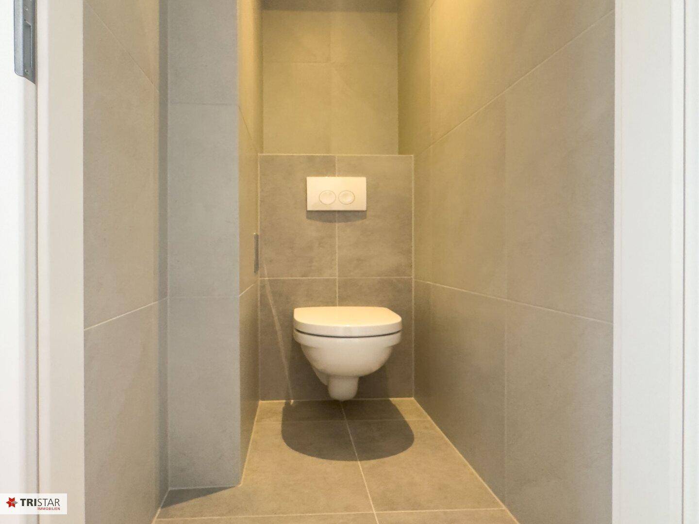 Modernes separates WC mit wandhängender Toilette und stilvollen grauen Fliesen an Wänden und Boden.