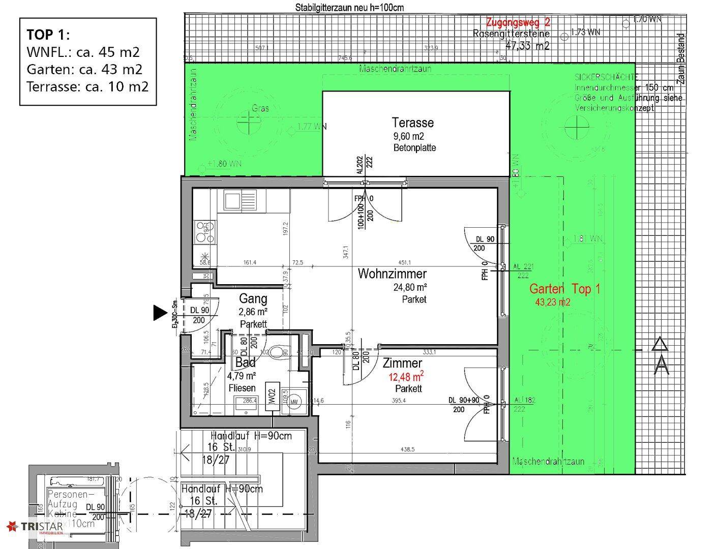 Grundriss einer Wohnung mit Wohnzimmer, Schlafzimmer, Bad, Terrasse und Garten.