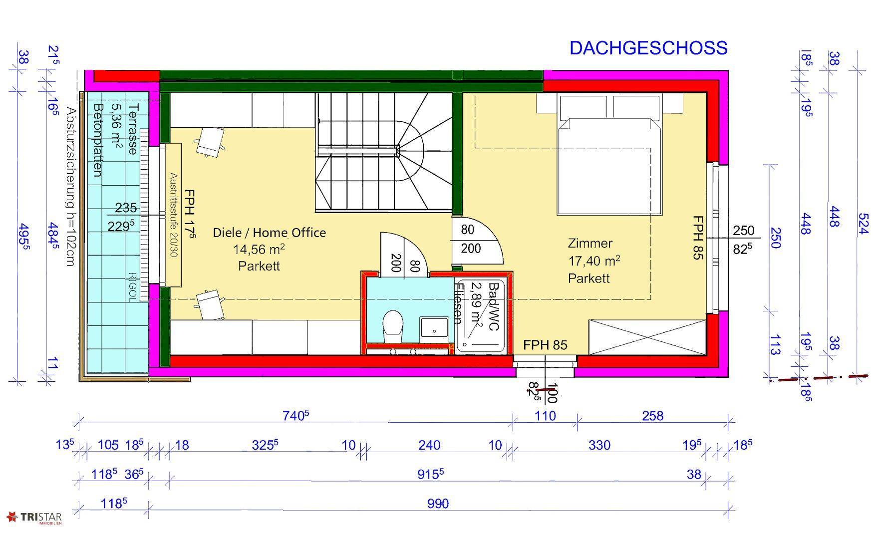 Grundriss des Dachgeschosses mit Schlafzimmer, Bad, Home-Office-Bereich und einer kleinen Terrasse.