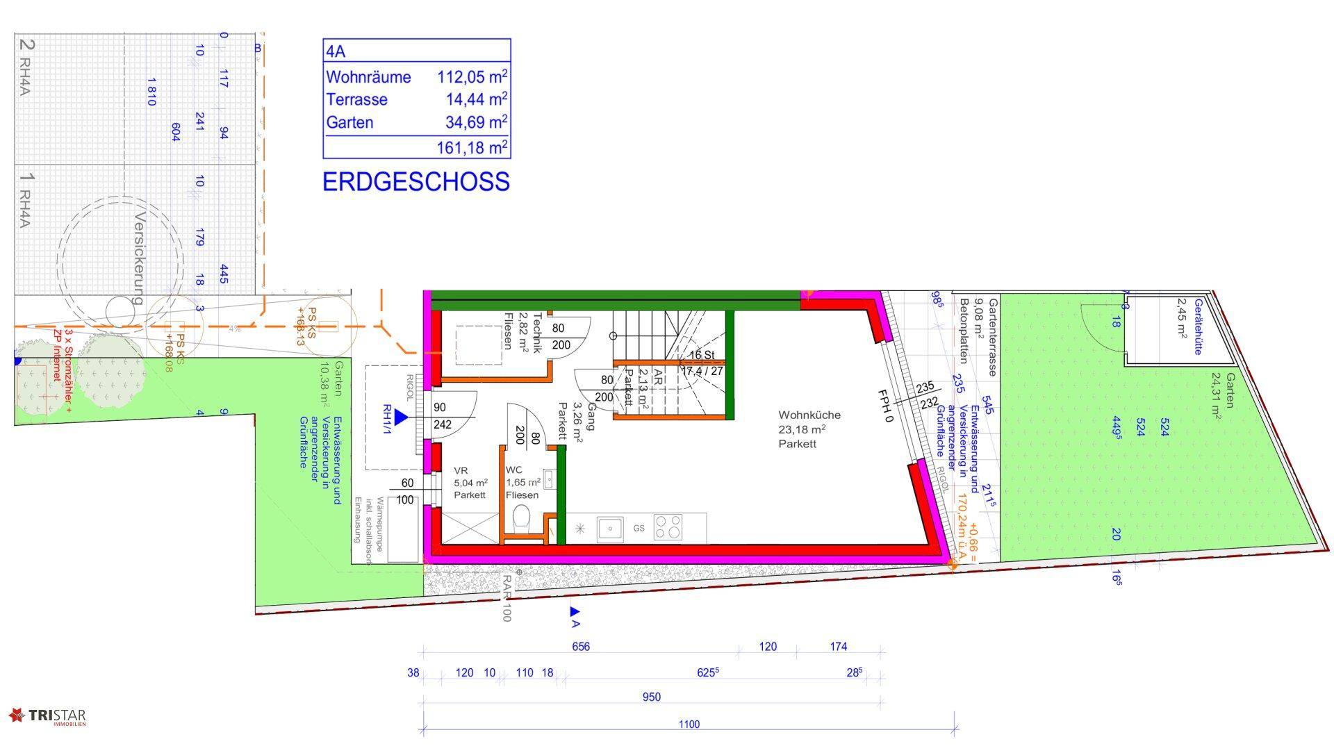 Grundriss des Erdgeschosses mit Wohnküche, WC, Technikraum, Terrasse und Gartenbereich.