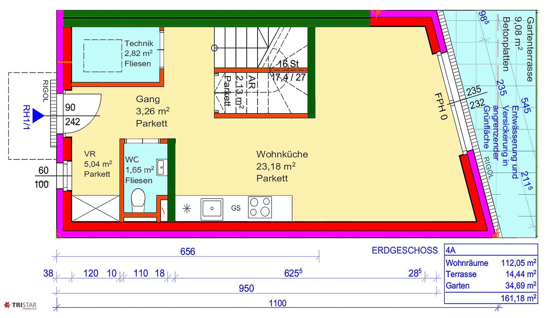Detaillierter Grundriss des Erdgeschosses mit Wohnküche, WC, Technikraum und Gartenterrasse.