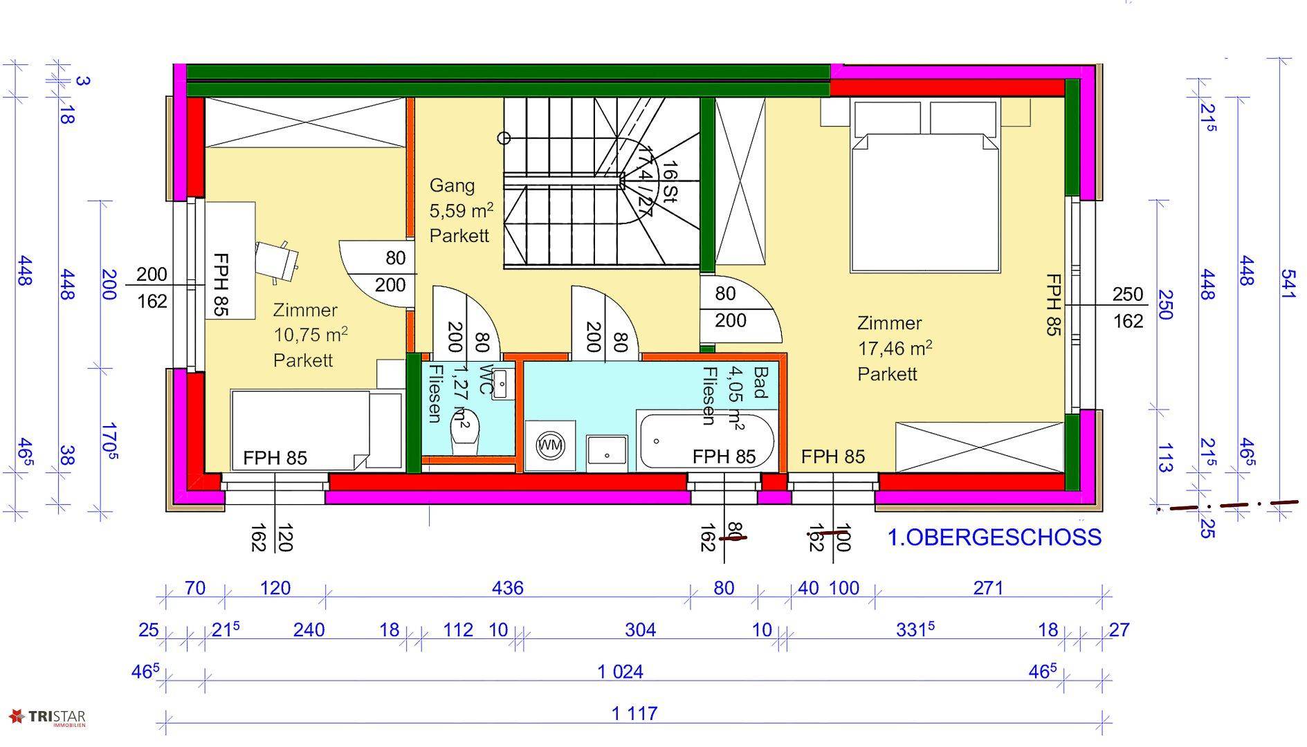Grundriss des ersten Obergeschosses mit zwei Zimmern, einem Badezimmer und separatem WC.