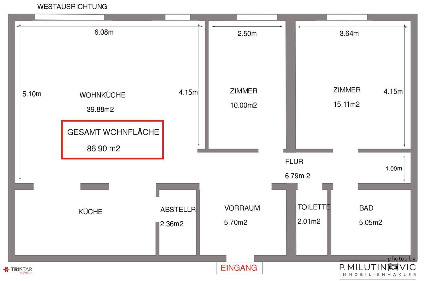 Detaillierter Grundriss der Wohnung mit Wohnküche, drei Zimmern und Sanitärbereichen.