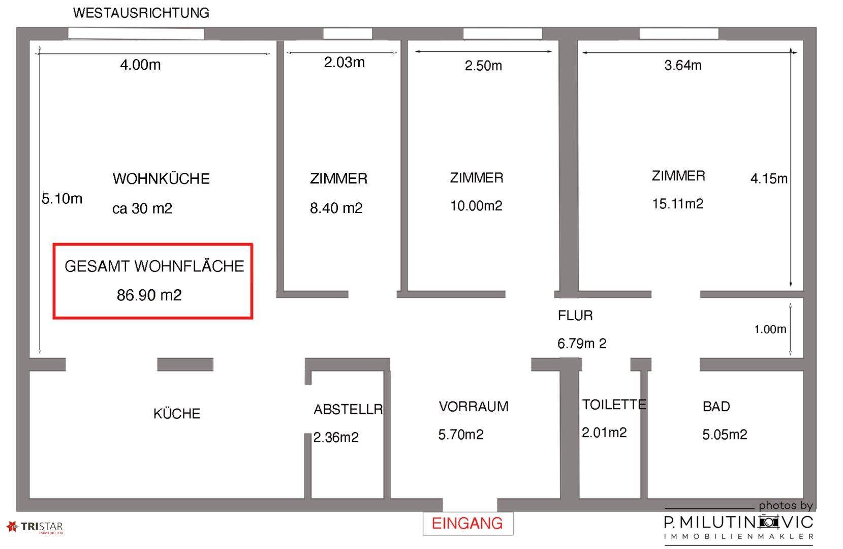Grundriss einer Wohnung mit Wohnküche, zwei Zimmern, Bad und separater Toilette.