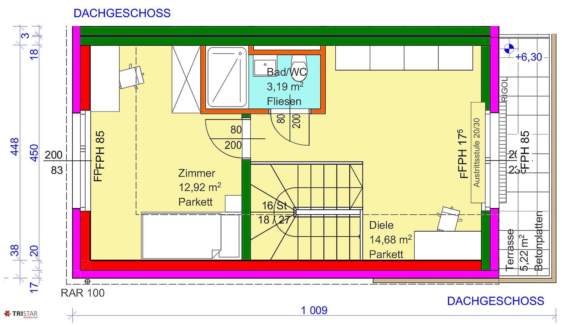 Grundriss des Dachgeschosses mit Zimmer, Bad/WC, Diele und einer Dachterrasse.