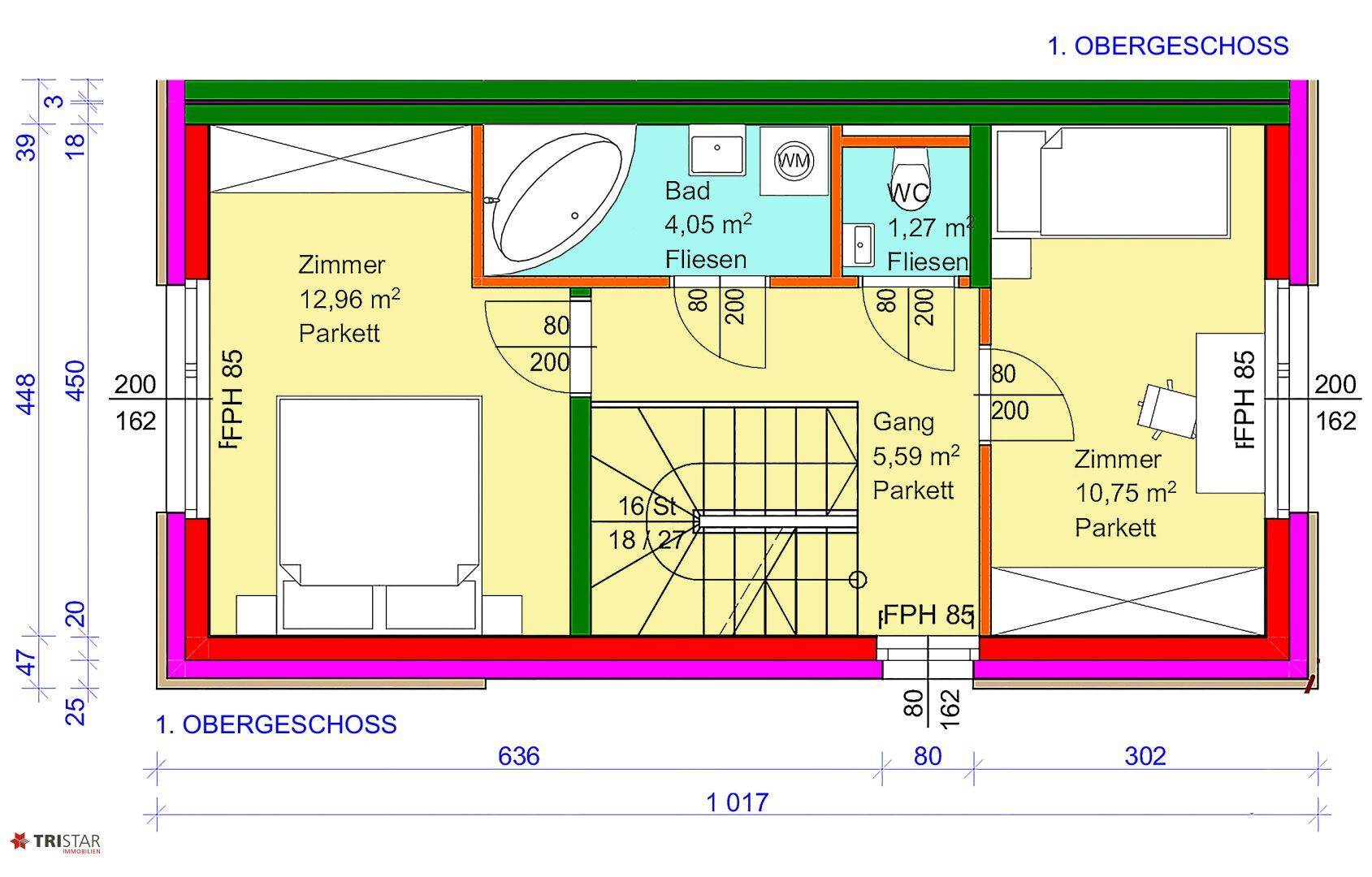 Grundriss des ersten Obergeschosses mit zwei Schlafzimmern, Bad und separatem WC.