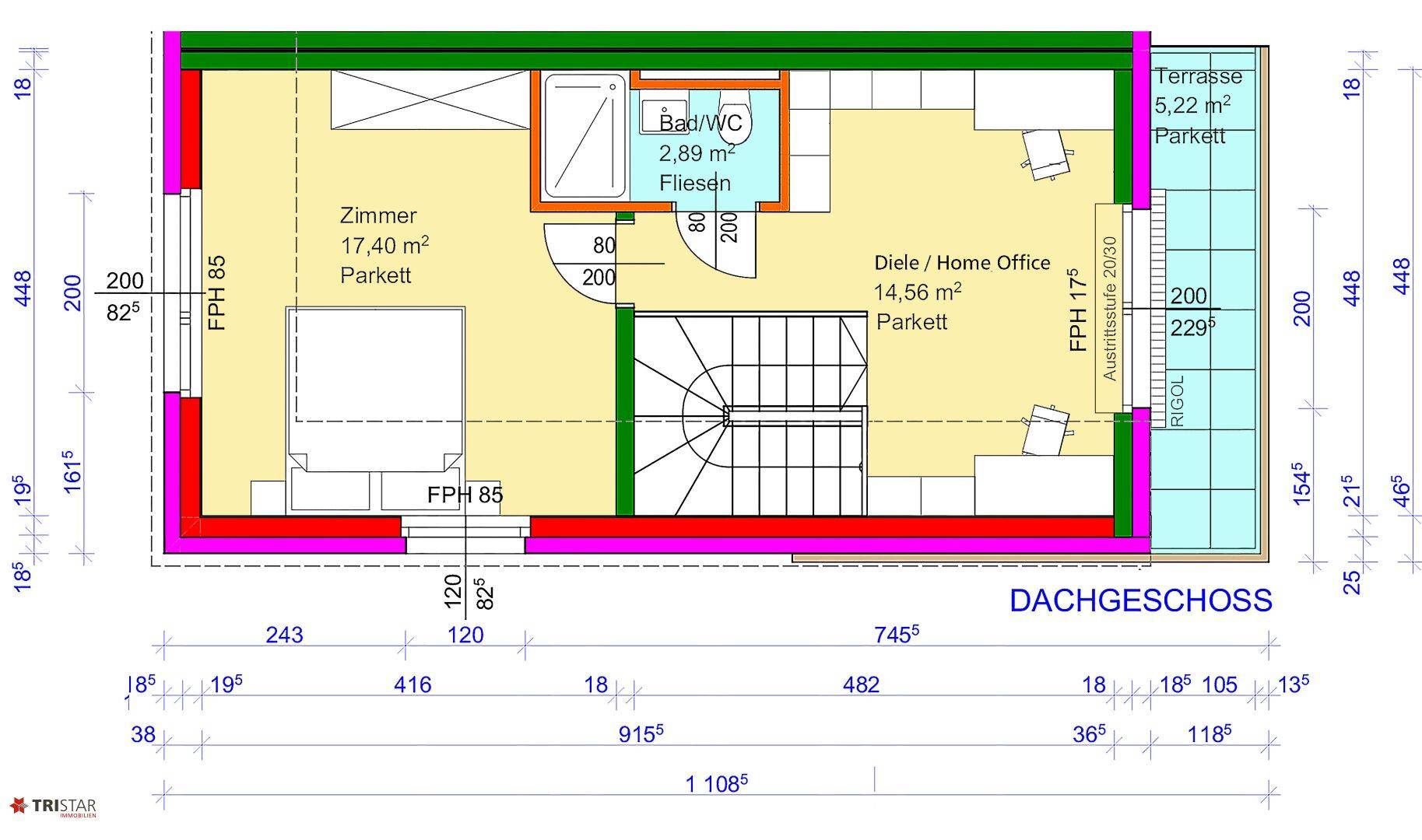 Grundriss des Dachgeschosses mit Zimmer, Bad/WC, Diele/Home Office und Terrasse.
