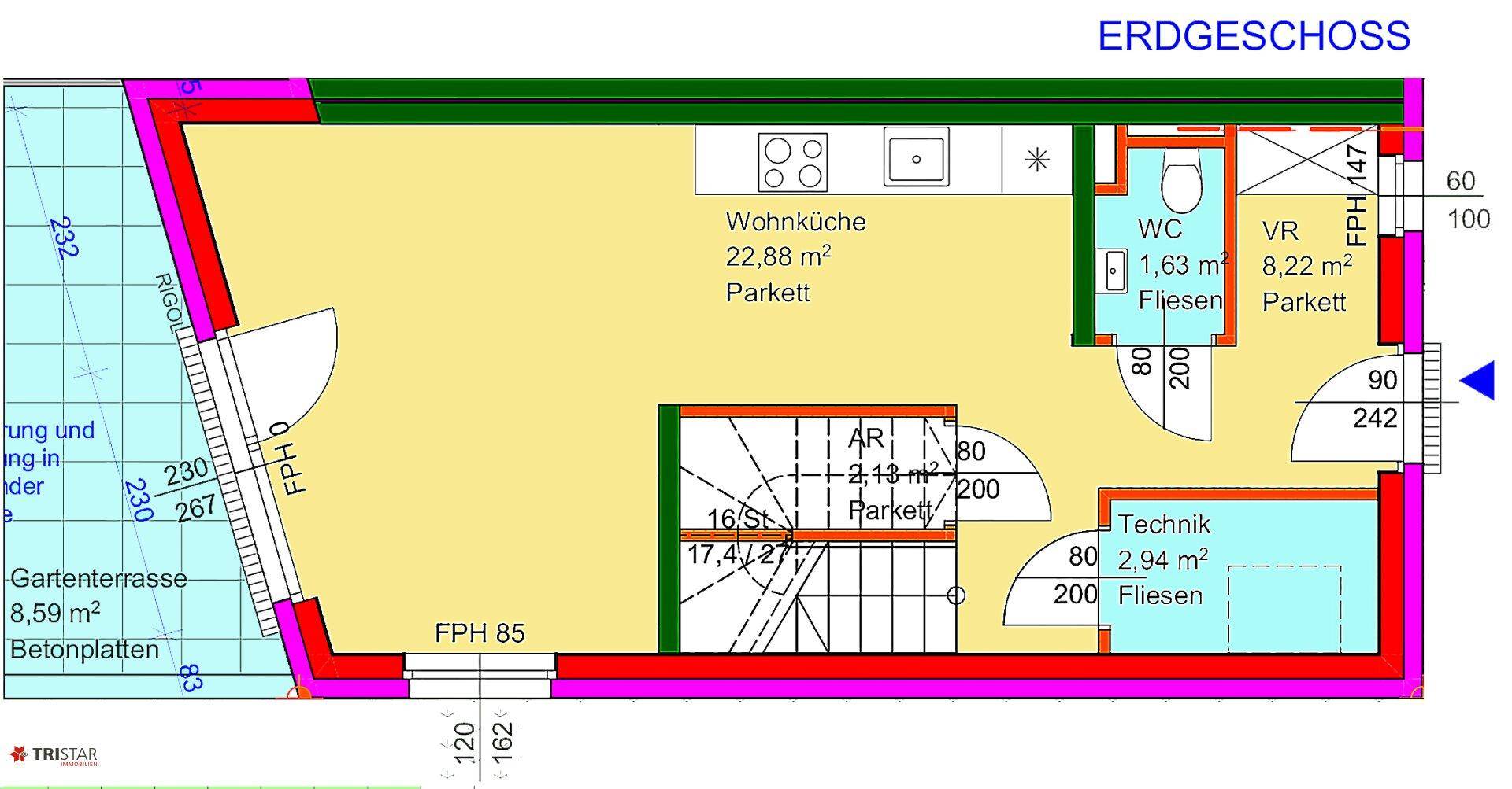 Detaillierter Grundriss des Erdgeschosses mit Wohnküche, Technikraum und Gartenterrasse.