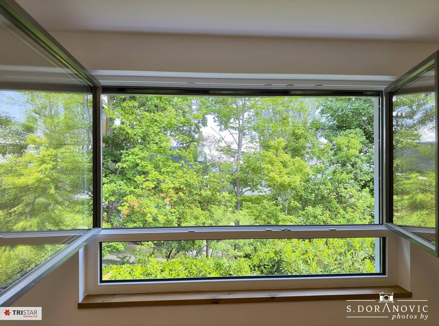 Große Fenster bieten einen weiten Blick ins Grüne und lassen viel Tageslicht herein.
