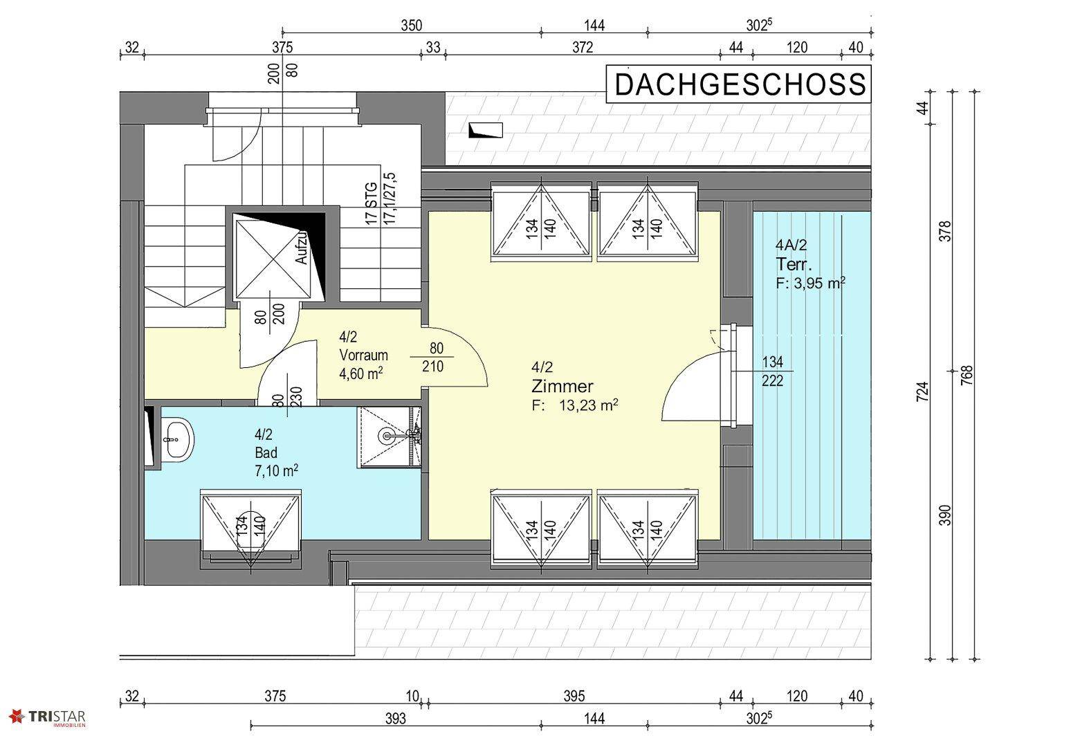Grundriss des Dachgeschosses mit Zimmer, Bad und kleiner Terrasse unter Schrägdach.
