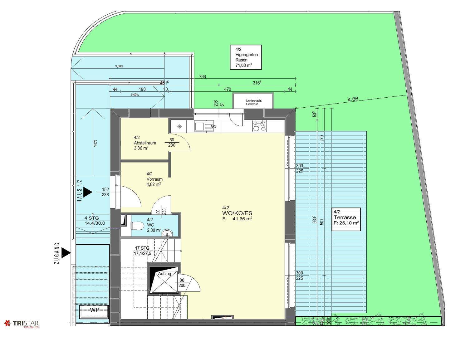 Grundriss des Erdgeschosses mit Wohn-Essbereich, Küche, Gäste-WC, Terrasse und Garten.