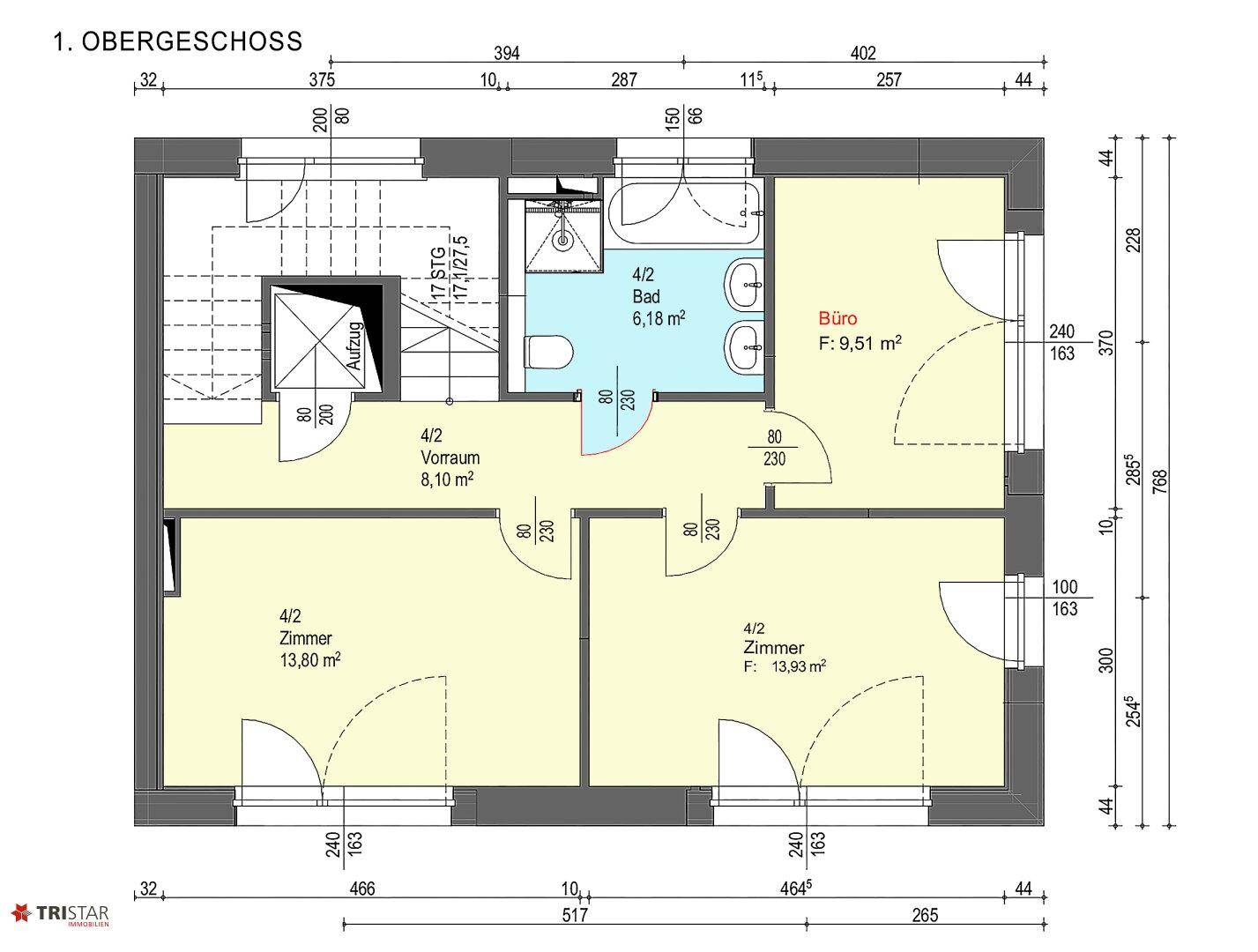 Grundriss des ersten Obergeschosses mit zwei Zimmern, Bad, Büro und Aufzug.