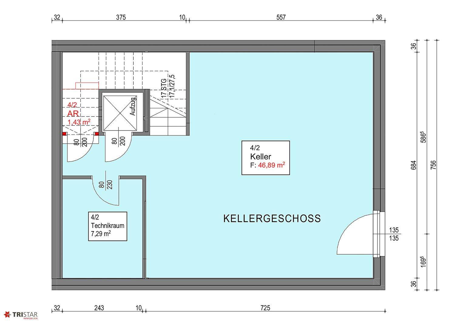 Grundriss des Kellergeschosses mit Technikraum, Abstellraum und Aufzug.