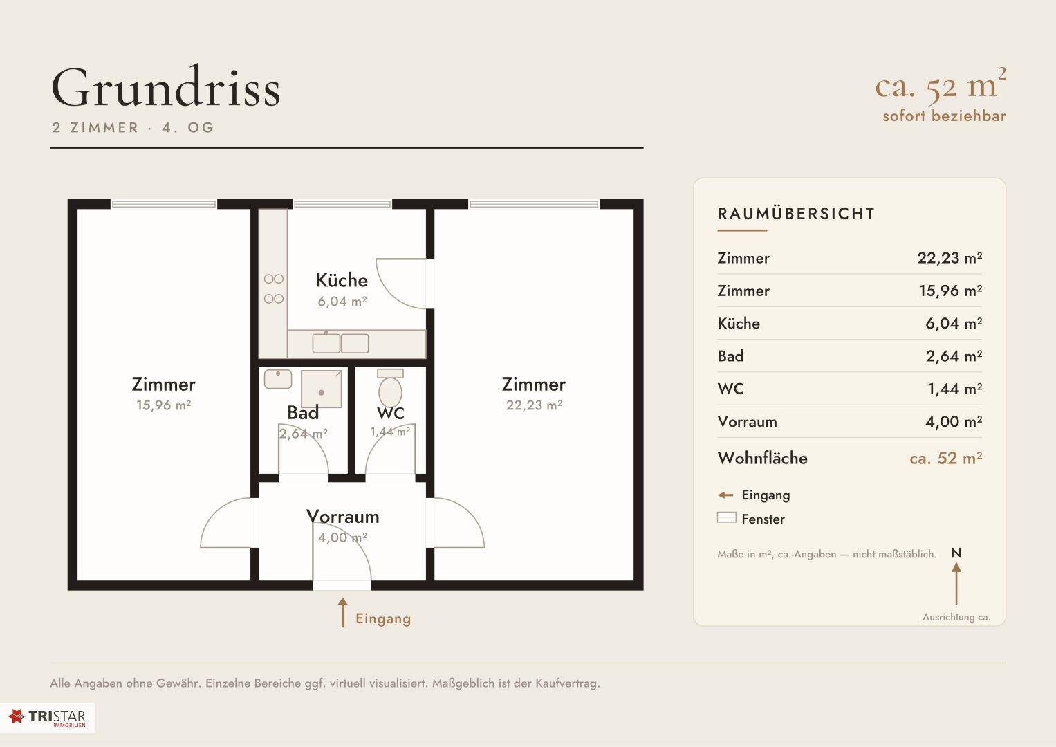 Übersichtlicher Grundriss einer 2-Zimmer-Wohnung im 4. Obergeschoss mit separater Küche und Bad.