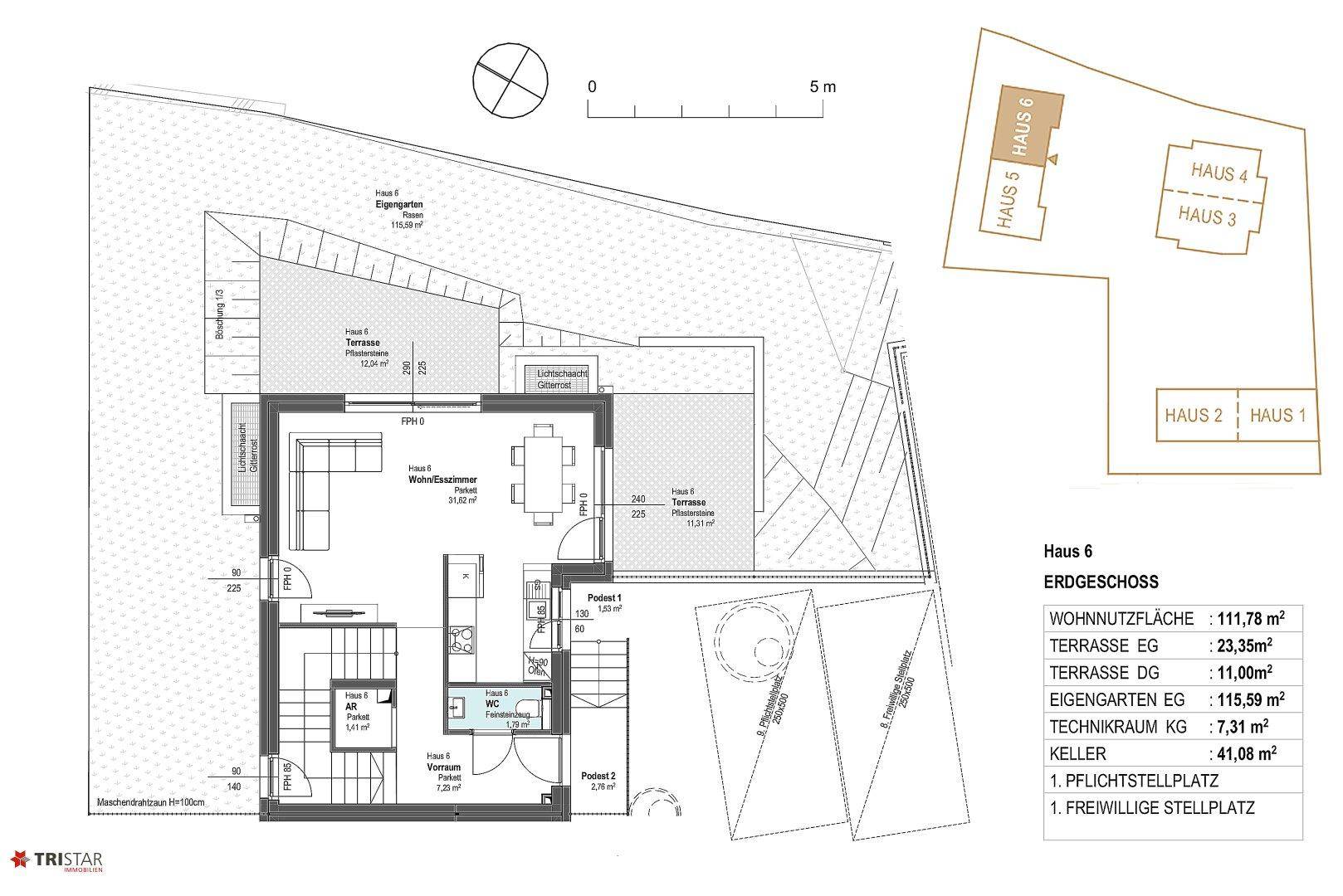 Grundriss des Erdgeschosses von Haus 6 mit offenem Wohn-Esszimmer, Küche, Terrasse und privatem Gartenbereich.