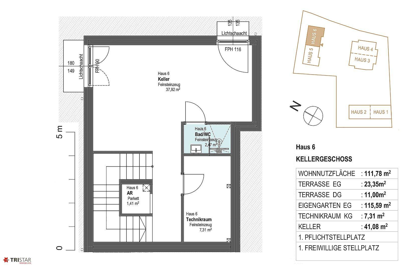 Grundriss des Kellergeschosses von Haus 6 mit großem Kellerraum, Technikraum und einem Badezimmer mit Dusche.