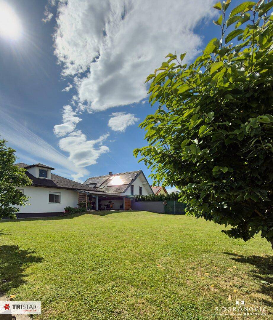 Weitläufiger, sonniger Garten mit großer Rasenfläche und Blick auf das Haus und den Carport.