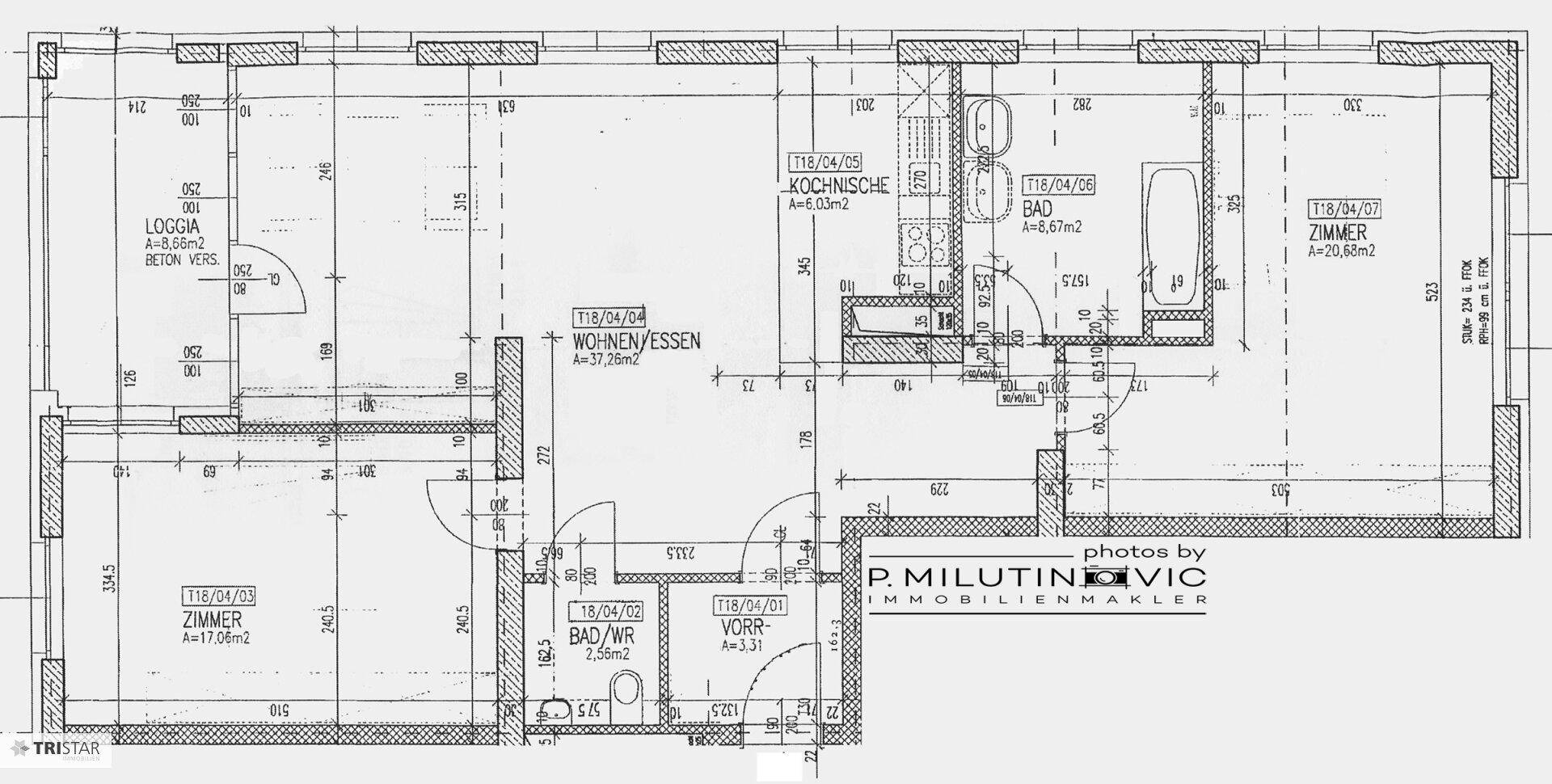 Grundriss einer Wohnung mit Loggia, Wohn-/Essbereich, Küche und zwei Bädern.