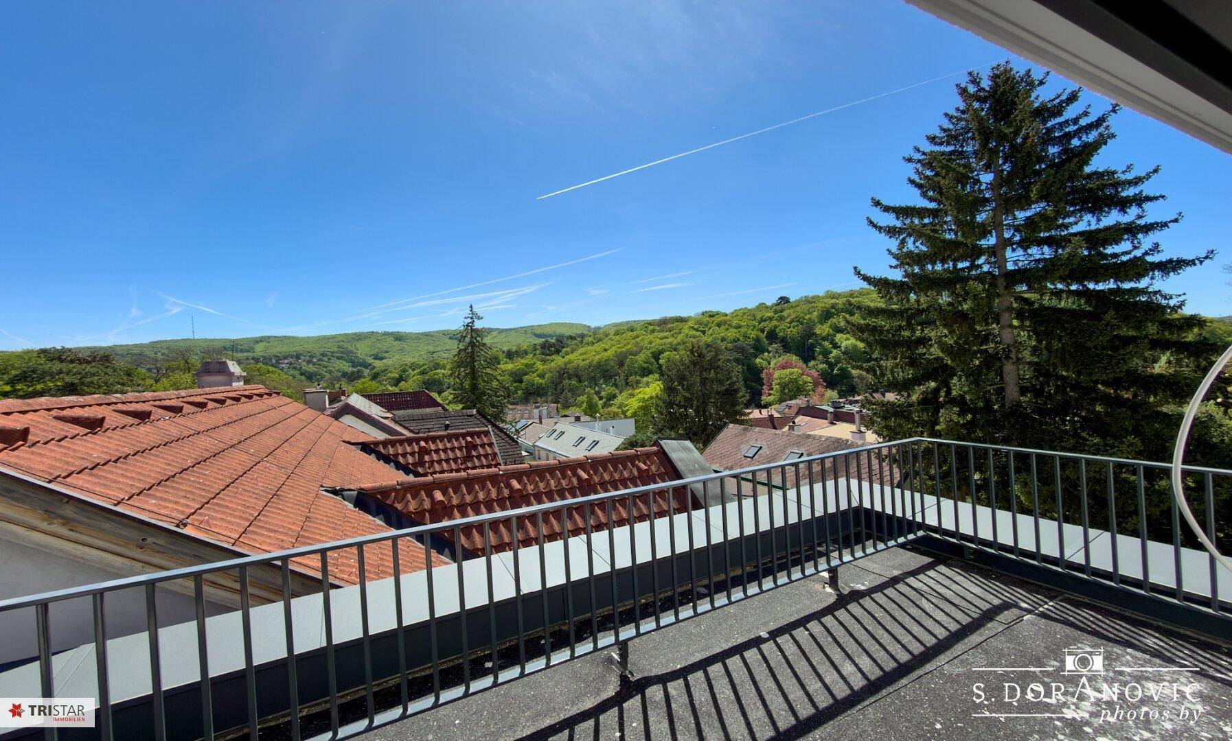 Geräumige Dachterrasse mit Metallgeländer und Panoramablick über die umliegende Landschaft und Dächer.