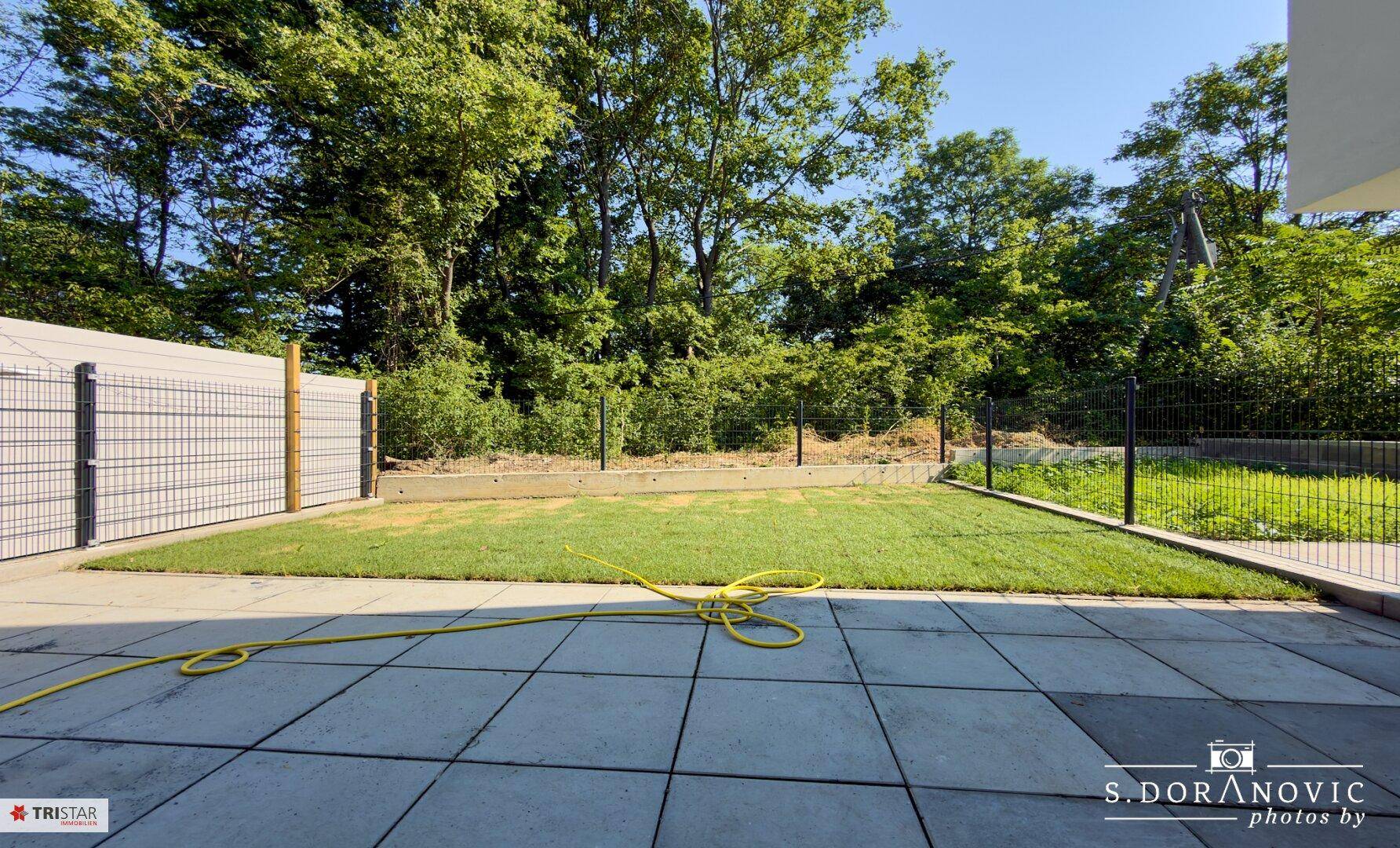 Gepflegter Gartenbereich mit Rasenfläche und gepflasterter Terrasse, umgeben von einem Zaun und Bäumen.