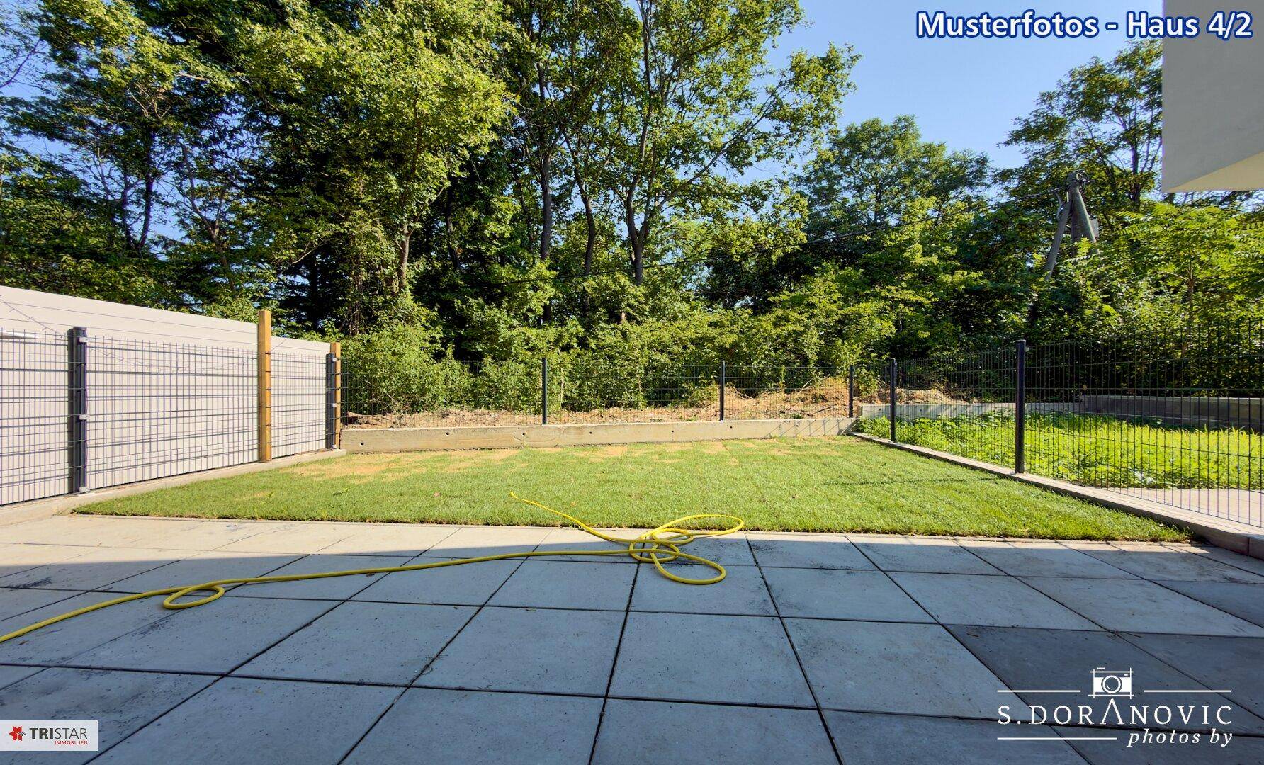 Gepflegter Gartenbereich mit Rasenfläche und gepflasterter Terrasse, umgeben von üppigem Grün.