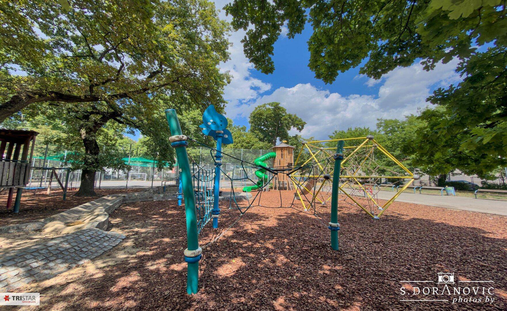 Moderner Spielplatz mit Klettergerüsten und Rutschen, eingebettet in eine grüne Parklandschaft.
