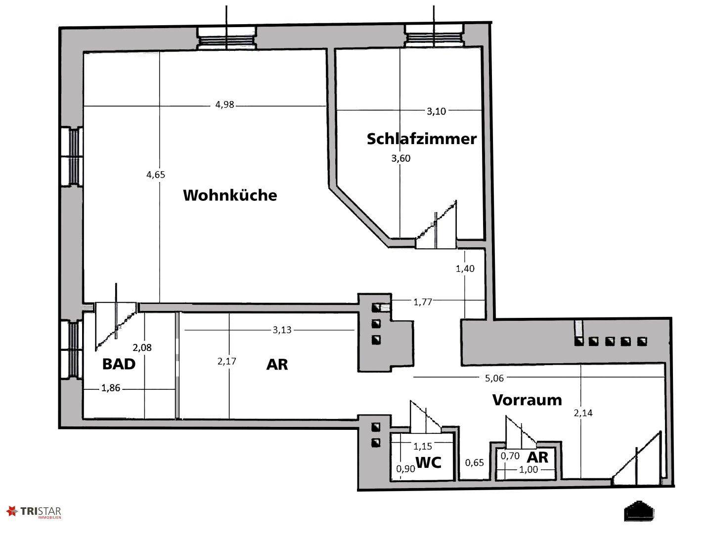Grundriss einer Wohnung mit Wohnküche, Schlafzimmer, Bad, WC und Abstellraum.