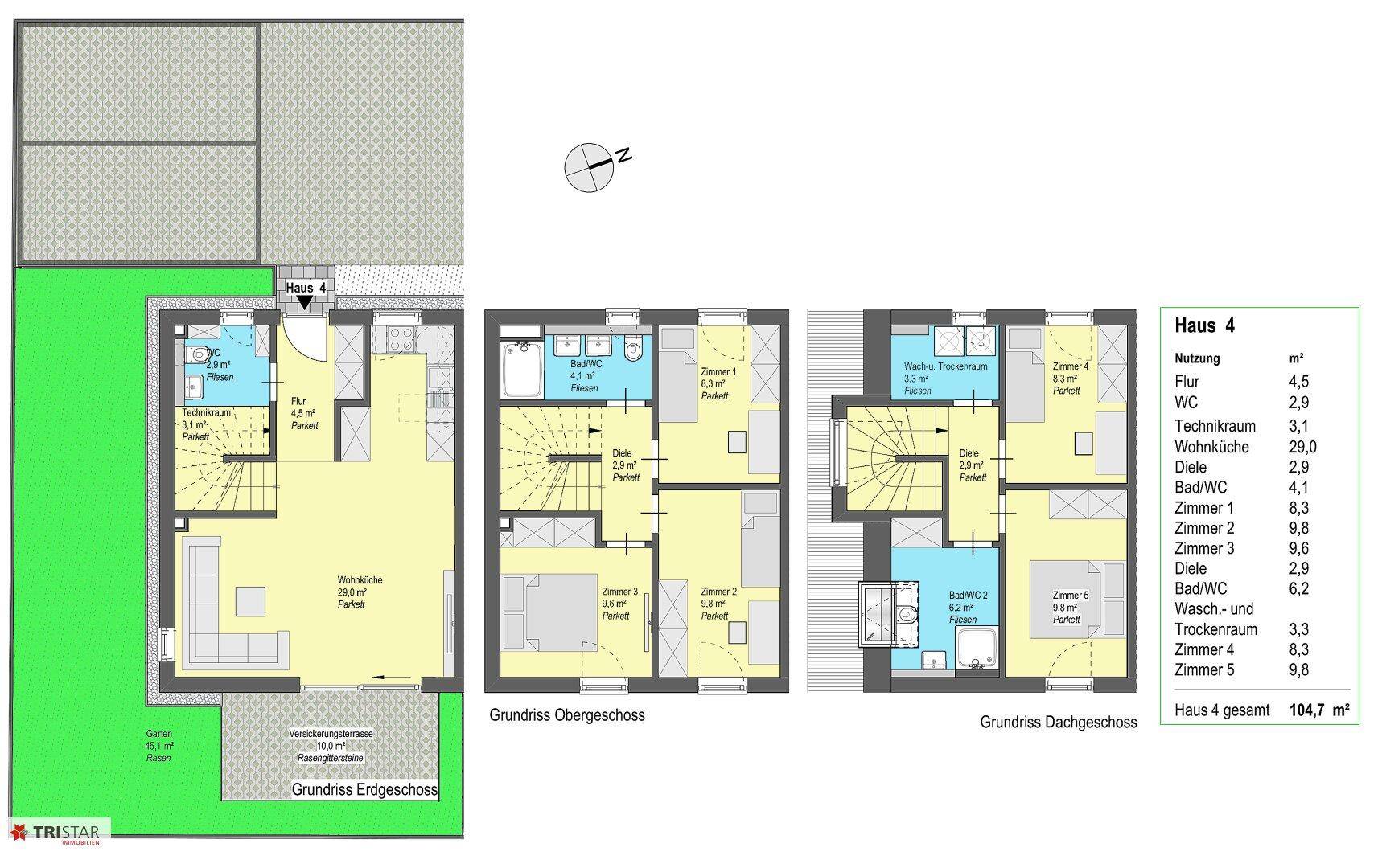 Grundriss für Haus 4, zeigt die Aufteilung von Erdgeschoss, Obergeschoss und Dachgeschoss mit Außenbereichen.