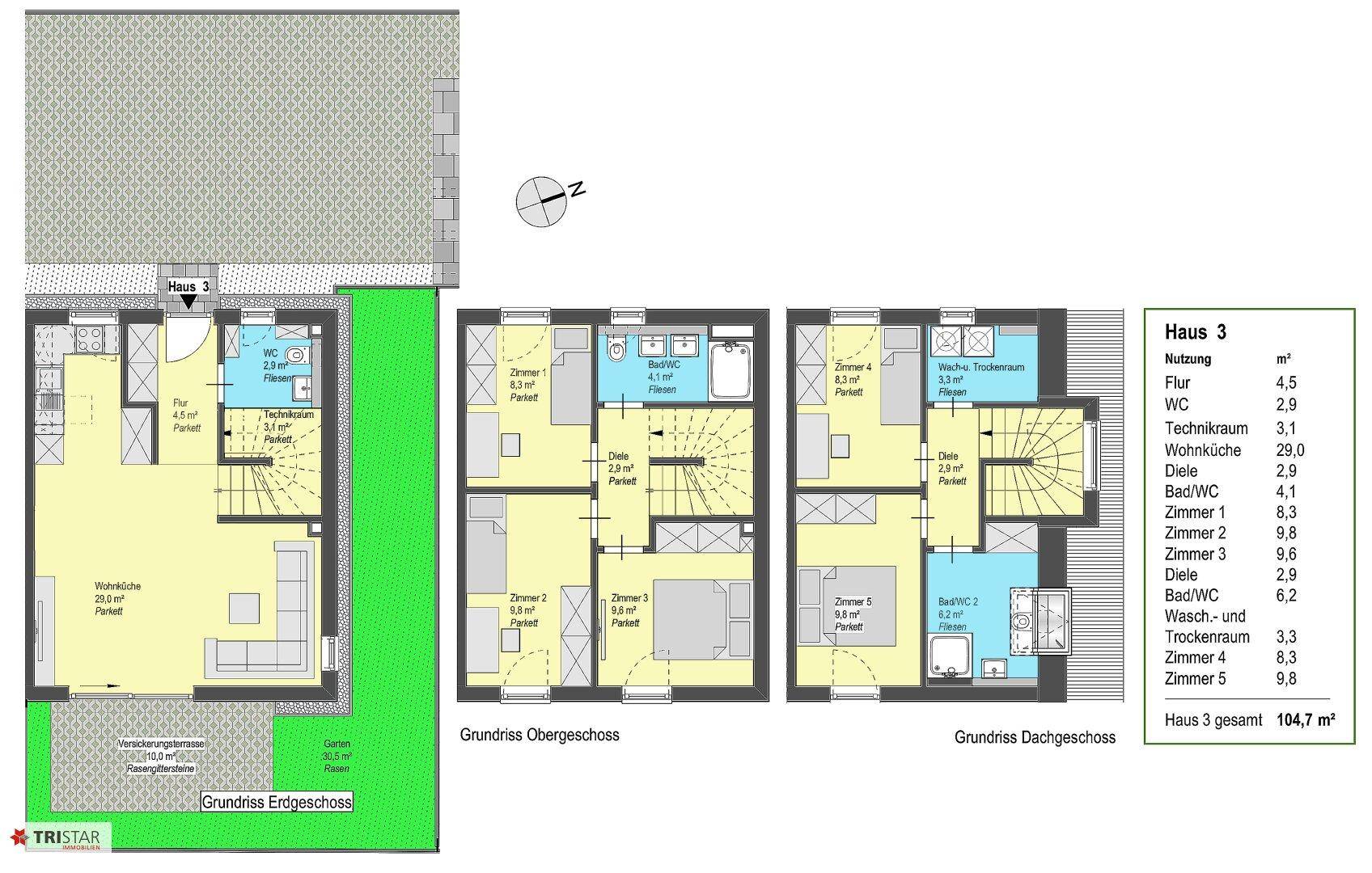 Grundriss für Haus 3, stellt die Raumkonfiguration von Erdgeschoss, Obergeschoss und Dachgeschoss dar.