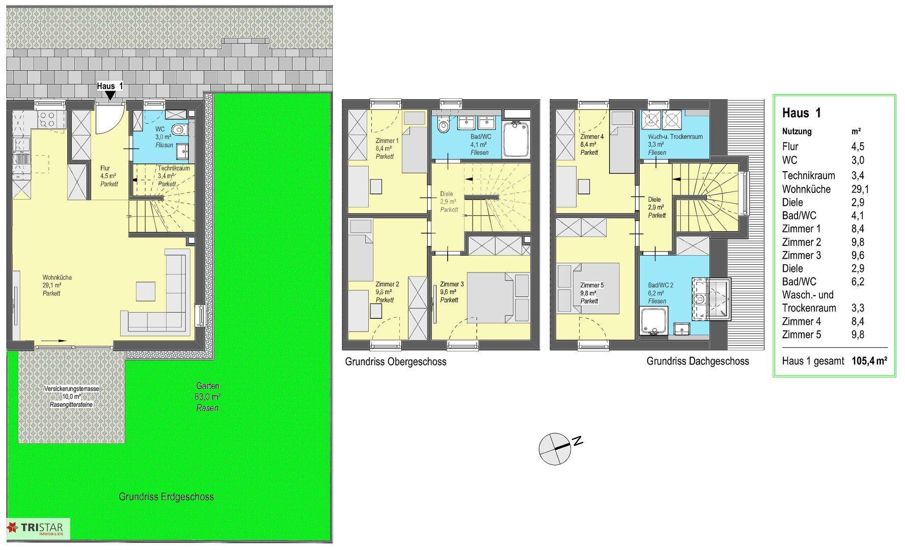 Grundriss für Haus 1 mit Erdgeschoss, Obergeschoss und Dachgeschoss, inklusive Garten und Terrasse.