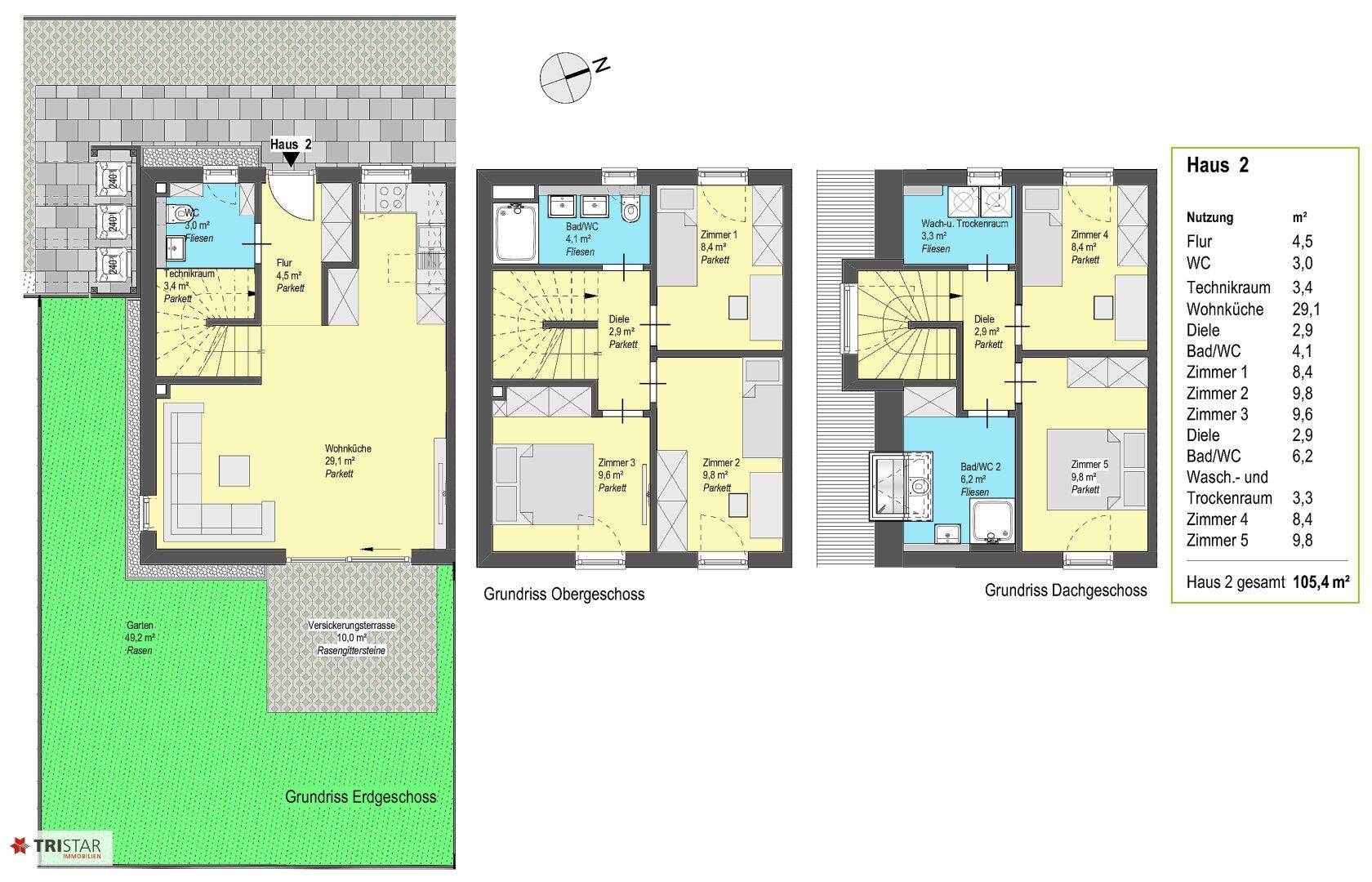 Grundriss für Haus 2 mit Erdgeschoss, Obergeschoss und Dachgeschoss, inklusive Garten und Terrasse.