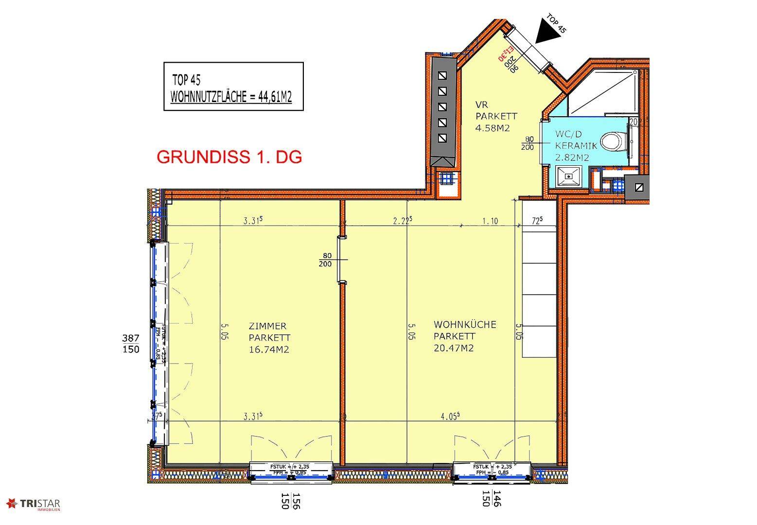 Grundriss einer Wohnung mit Wohnküche, Schlafzimmer, Bad und Balkon.