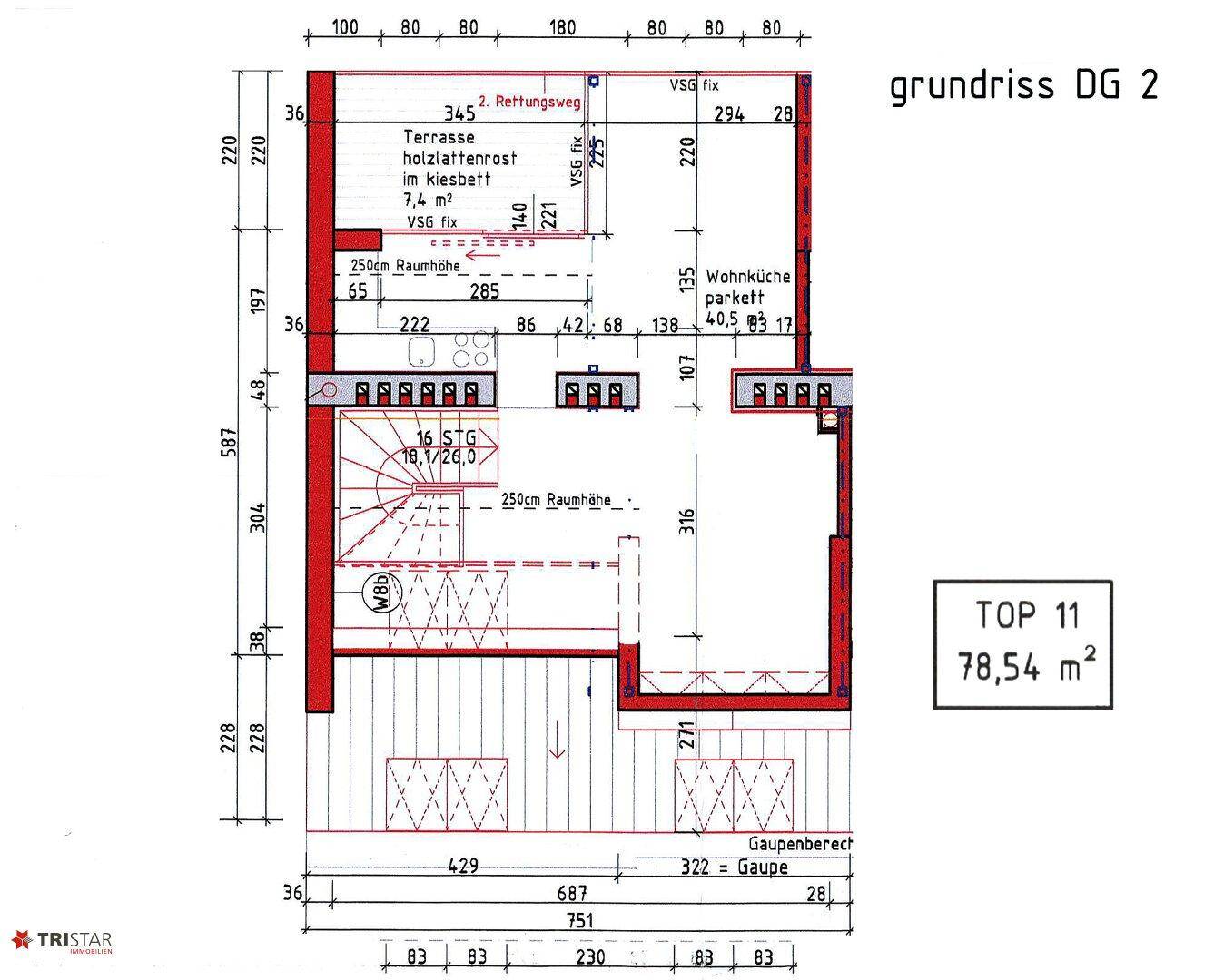 Grundriss des Dachgeschosses 2 mit offener Wohnküche und großer Terrasse.