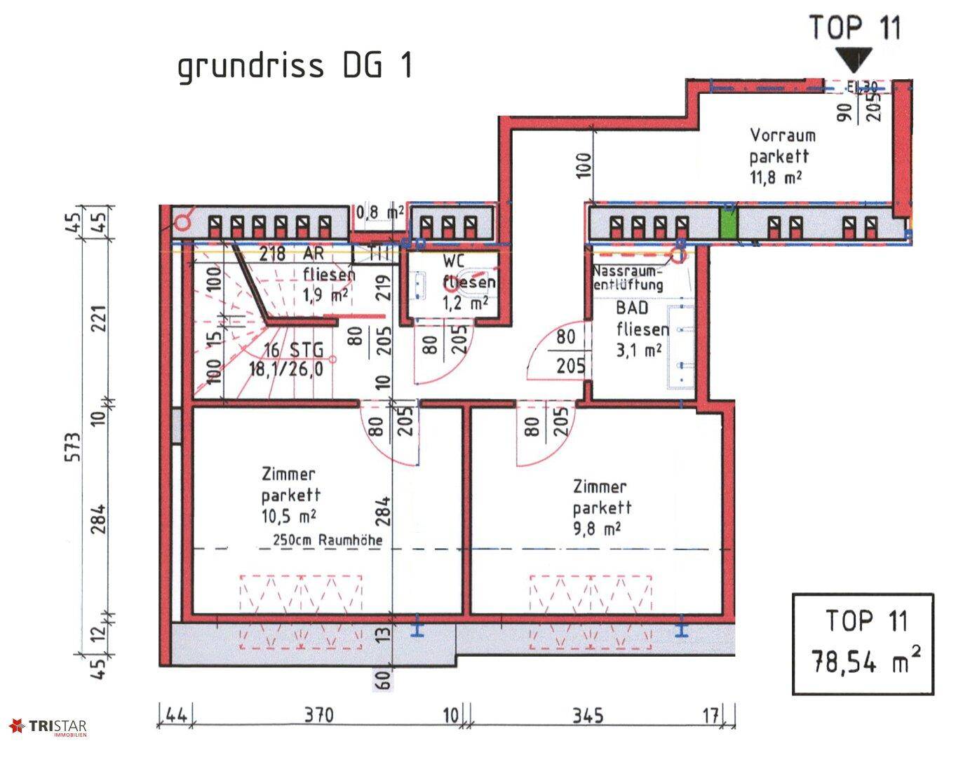 Grundriss des Dachgeschosses 1 mit zwei Zimmern, Bad und separatem WC.