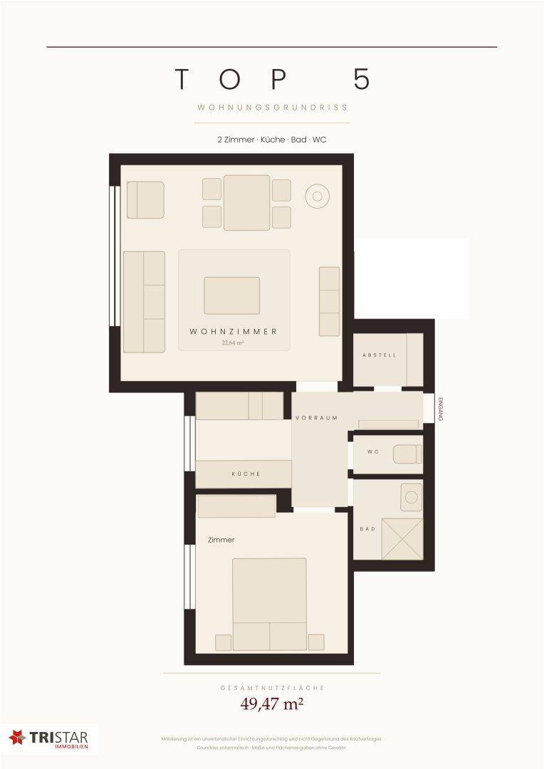Grundriss der Wohnung Top 5 mit 2 Zimmern, Küche, Bad und separatem WC.