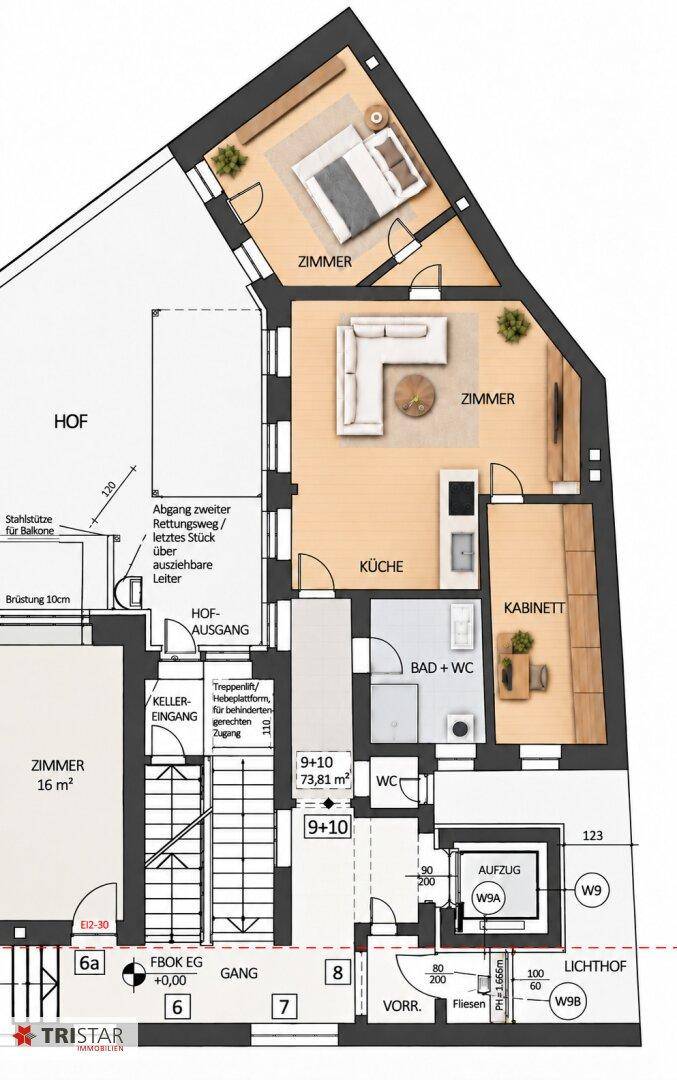 Detaillierter Grundriss einer Wohnung mit mehreren Zimmern und Balkonzugang.
