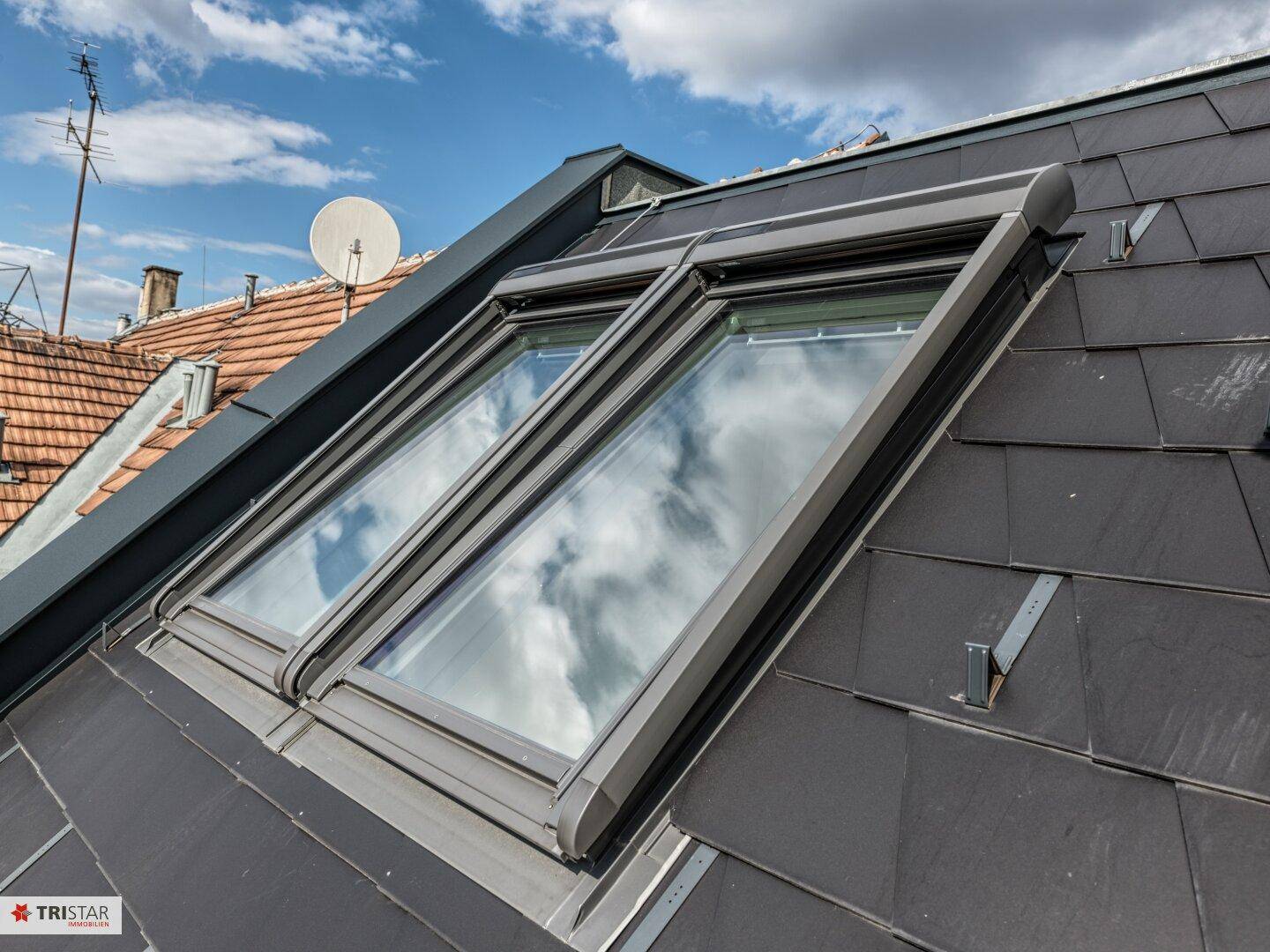 Dach mit dunklen Schindeln und zwei modernen Dachfenstern, die den Himmel reflektieren.