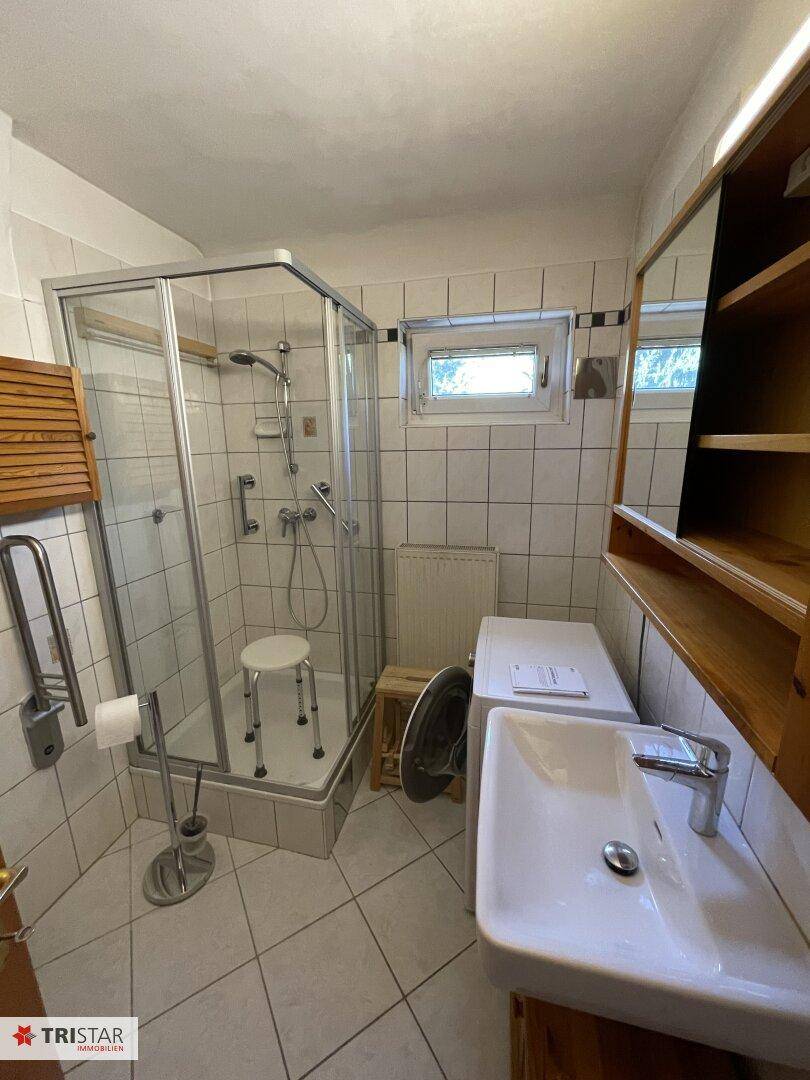 Badezimmer mit Duschkabine, Waschbecken, WC und Haltegriffen für Barrierefreiheit.