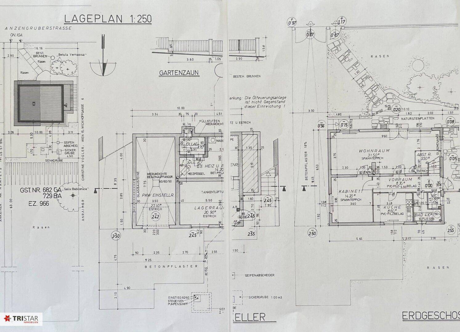 Detaillierter Lageplan und Grundriss des Erdgeschosses mit Gartenbereich und Gebäudestruktur.