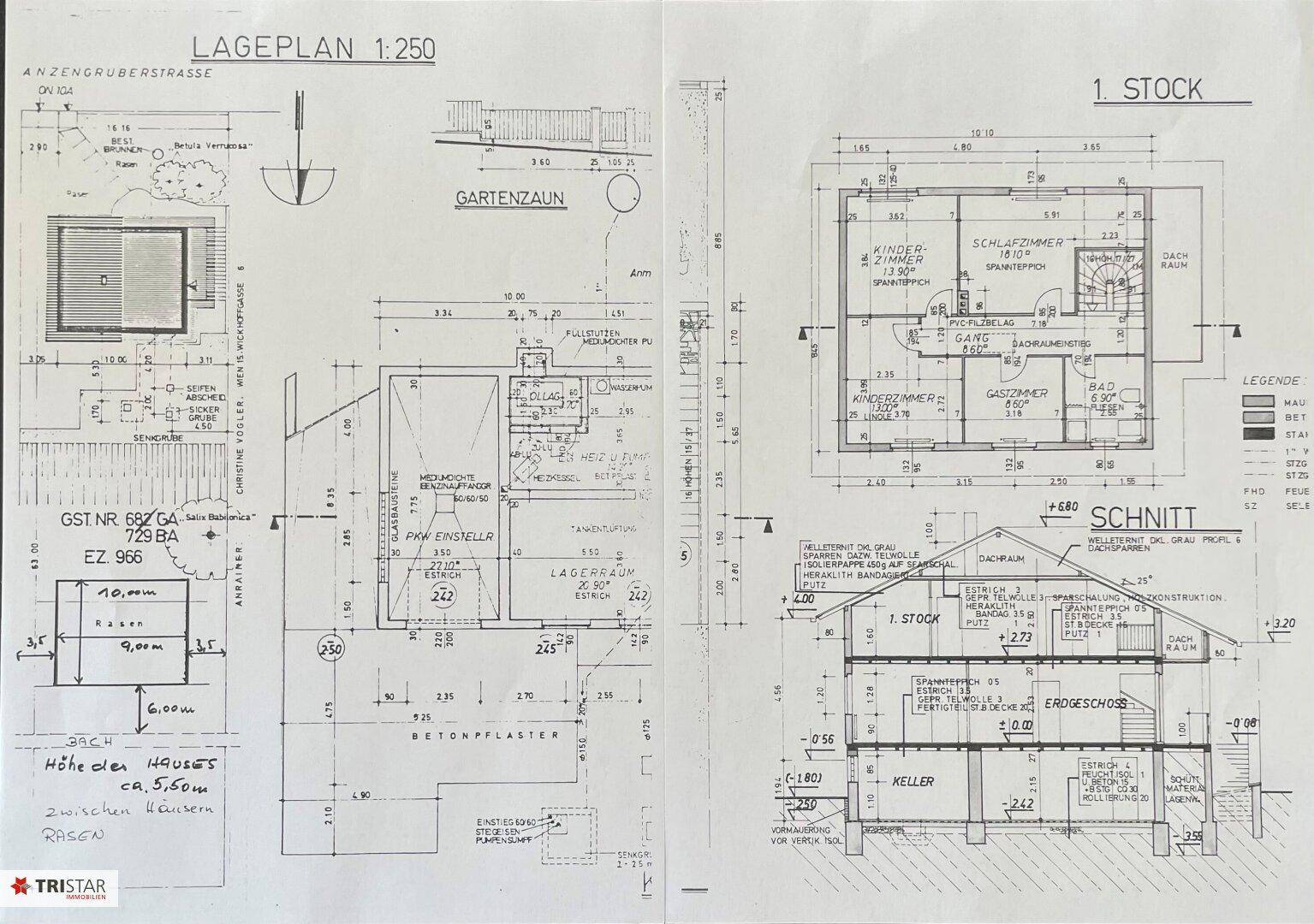 Lageplan und Grundriss des ersten Stocks sowie Gebäudeschnitt mit Keller und Dachschräge.