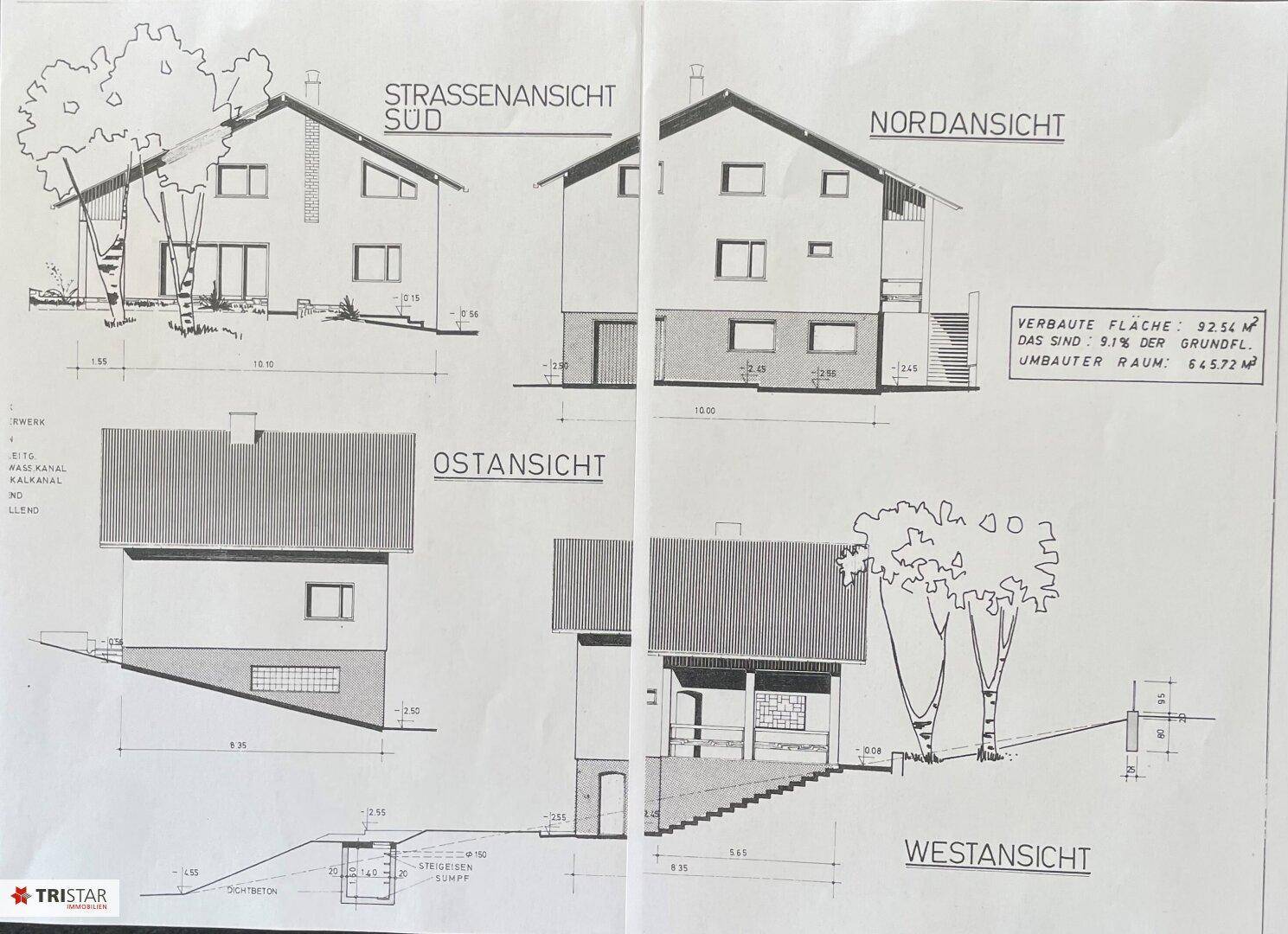 Architektonische Ansichten des Gebäudes von allen vier Himmelsrichtungen mit Details zur Fassade.