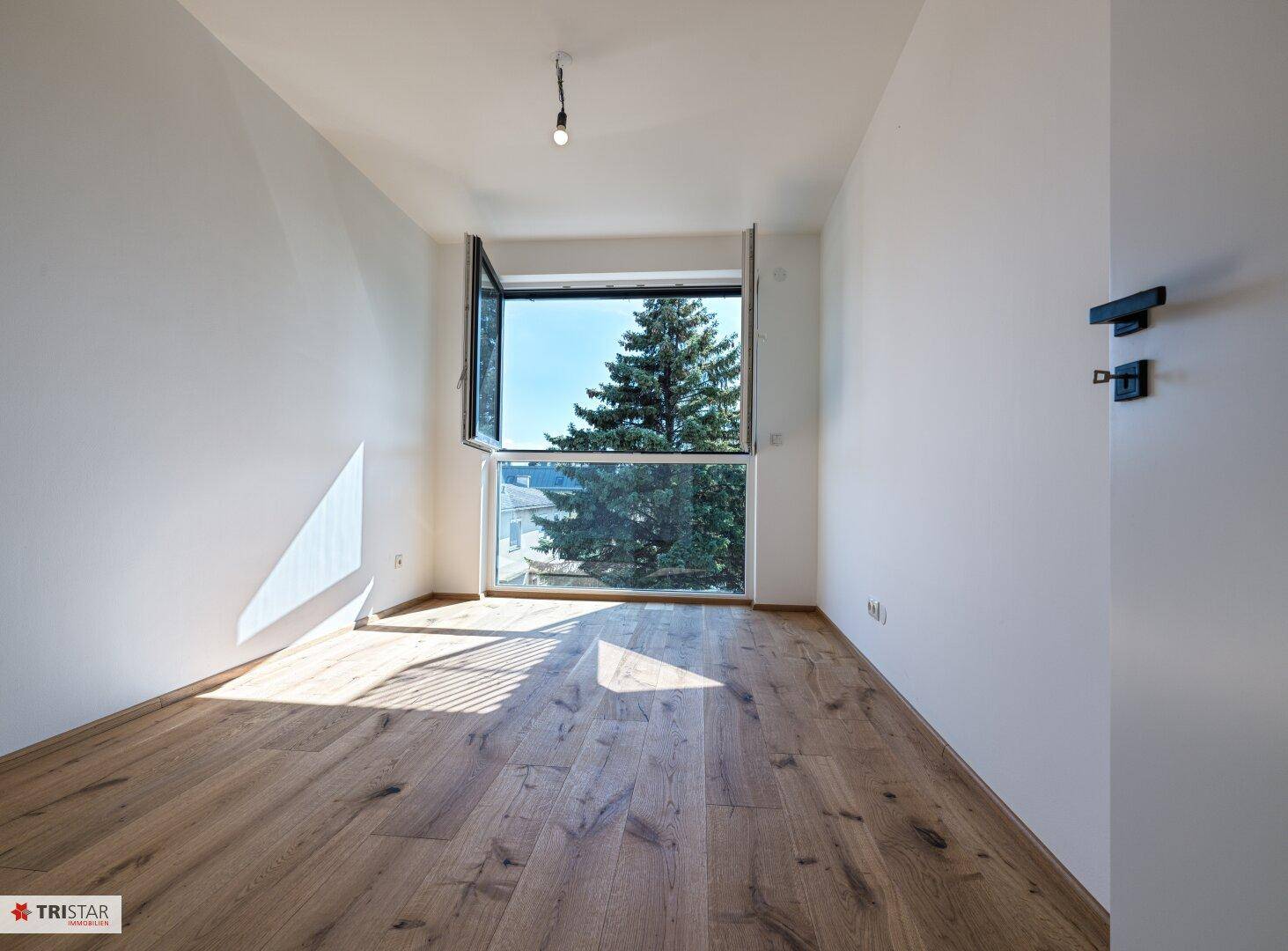 Heller Raum mit Eichenparkettboden und großem Fenster, das einen Blick auf einen Baum bietet.