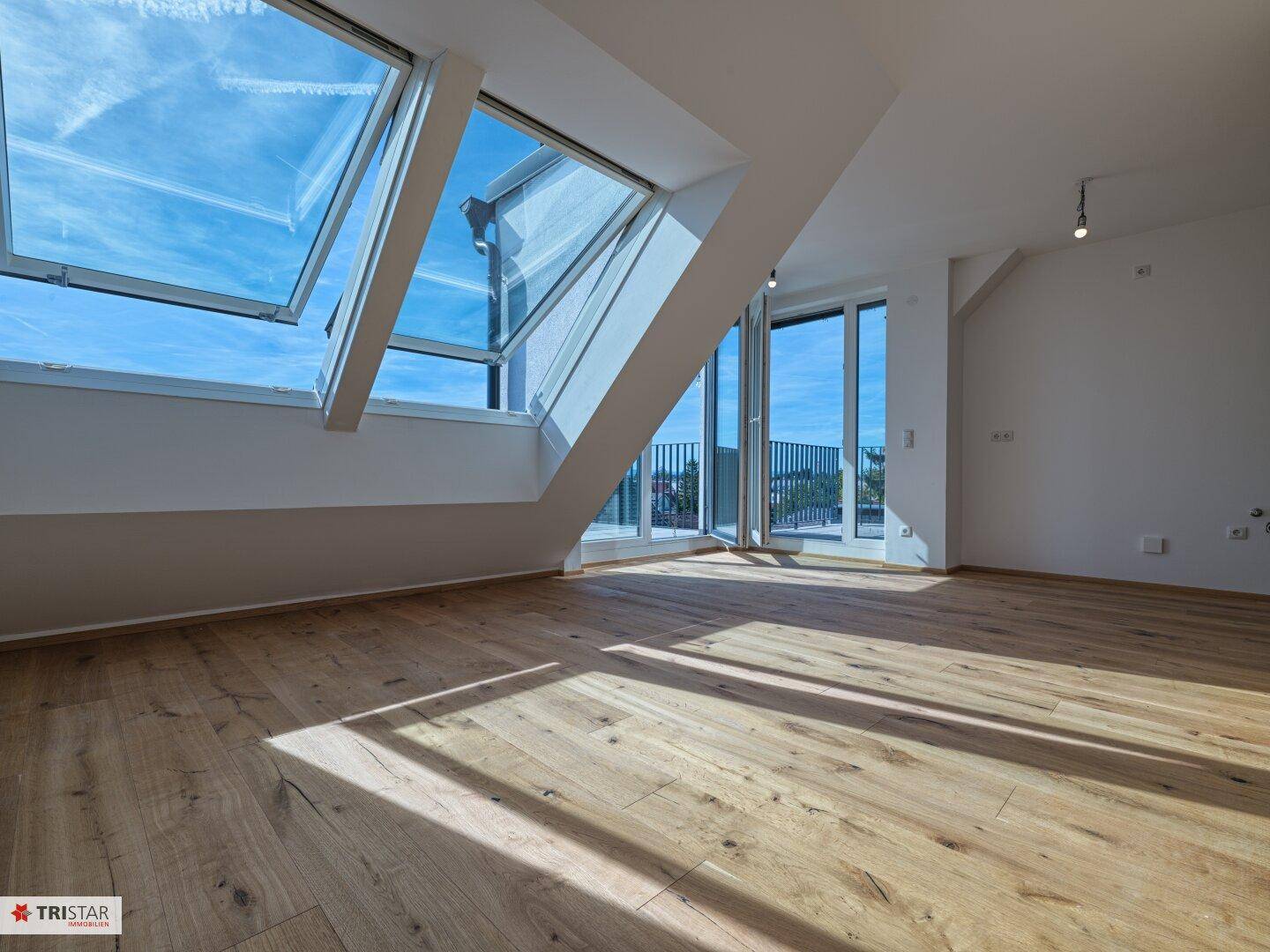 Geräumiger, heller Raum mit Holzboden, Dachfenstern und Zugang zur Terrasse.
