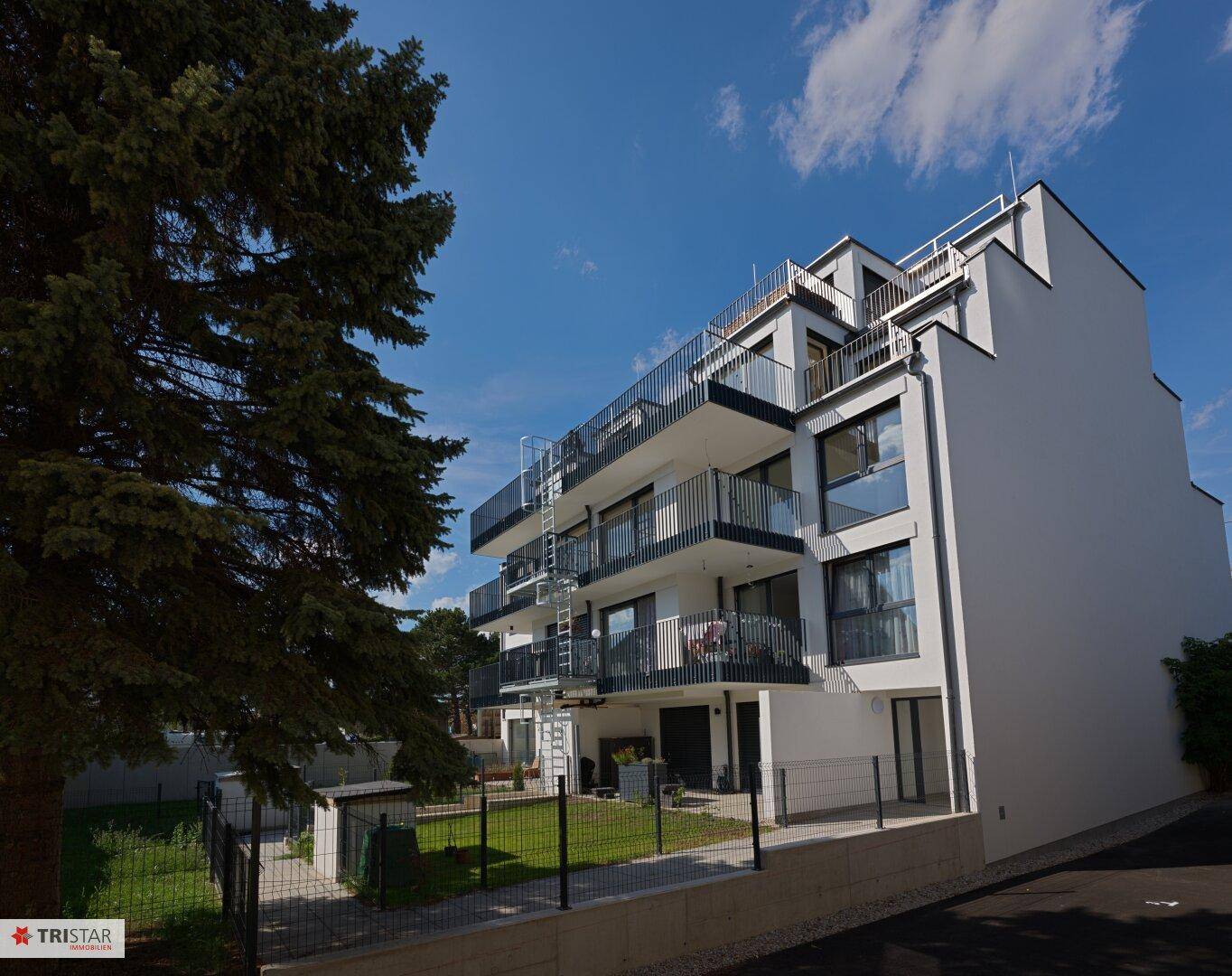 Moderne Fassade des Apartmentgebäudes mit mehreren Balkonen und einem großen Nadelbaum im Vordergrund.
