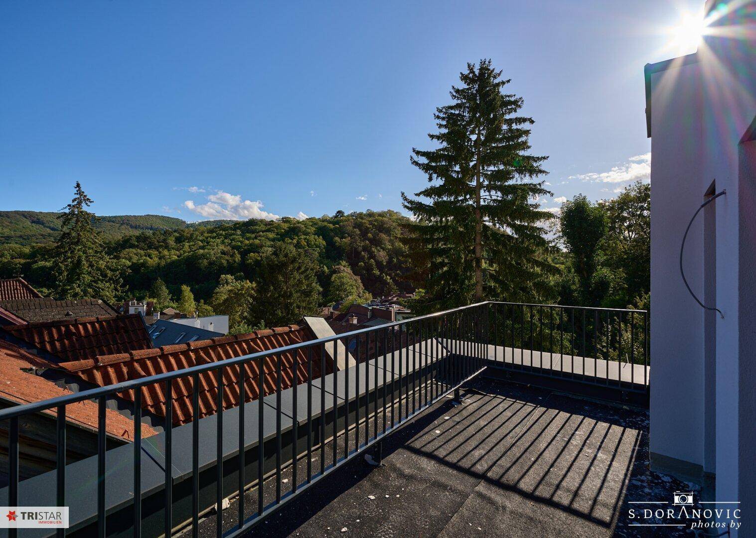 Geräumige Dachterrasse mit Metallgeländer und weitem Blick über die Dächer und bewaldete Hügel.