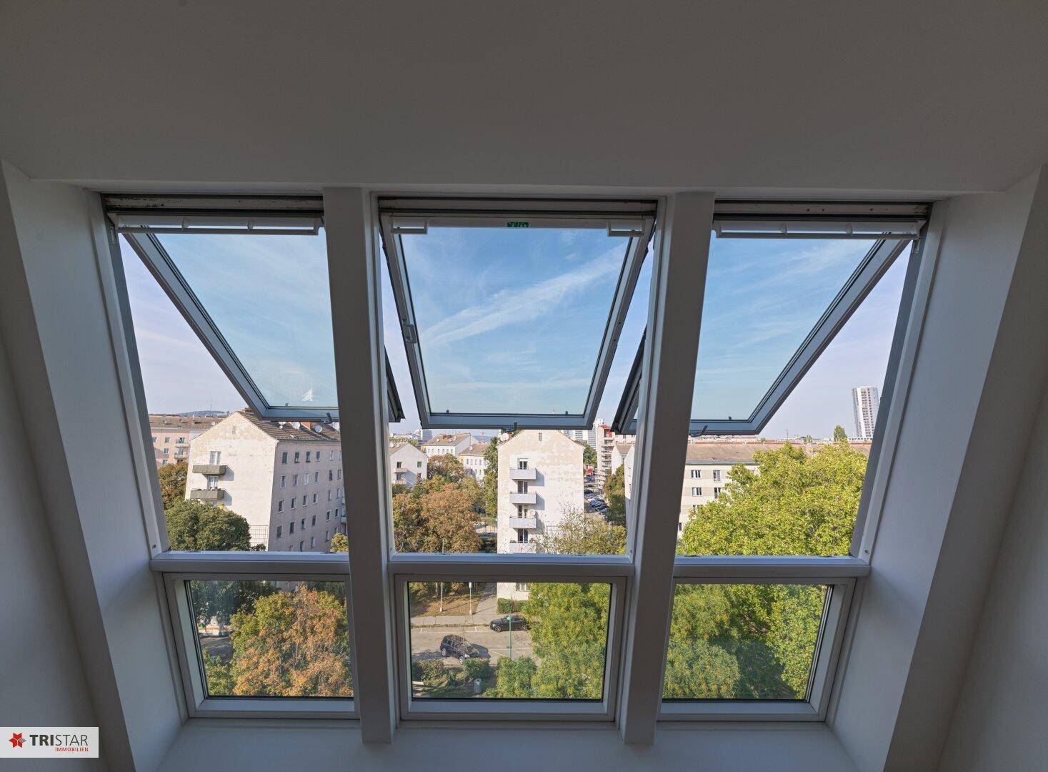 Weitblick über die Stadt und grüne Baumwipfel durch die großen, schrägen Fenster des Dachgeschosses.