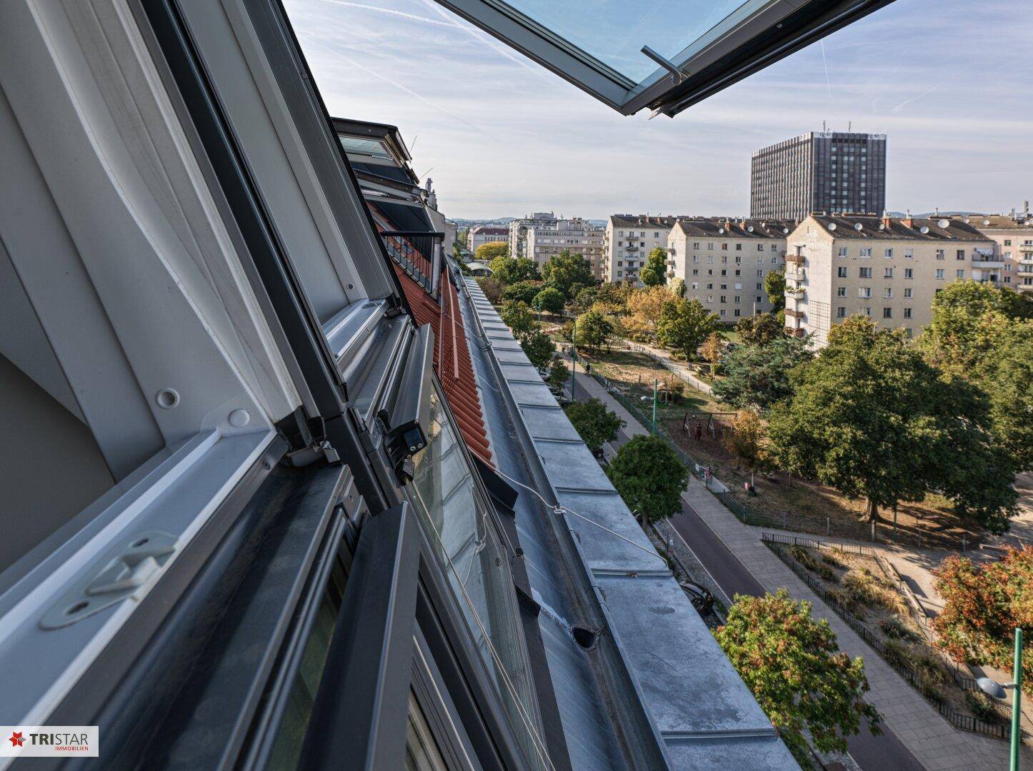 Blick von der Dachterrasse über die Dächer der Stadt mit weitreichender Aussicht und Grünflächen.
