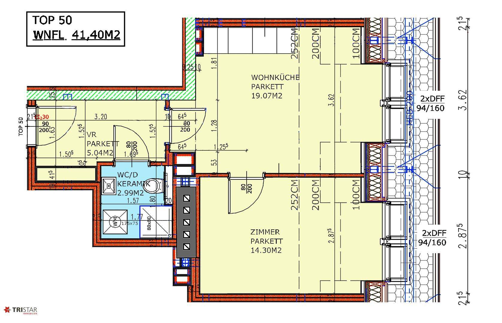 Grundriss der Wohnung TOP 50 mit Wohnküche, Zimmer und Bad auf 41,40m².